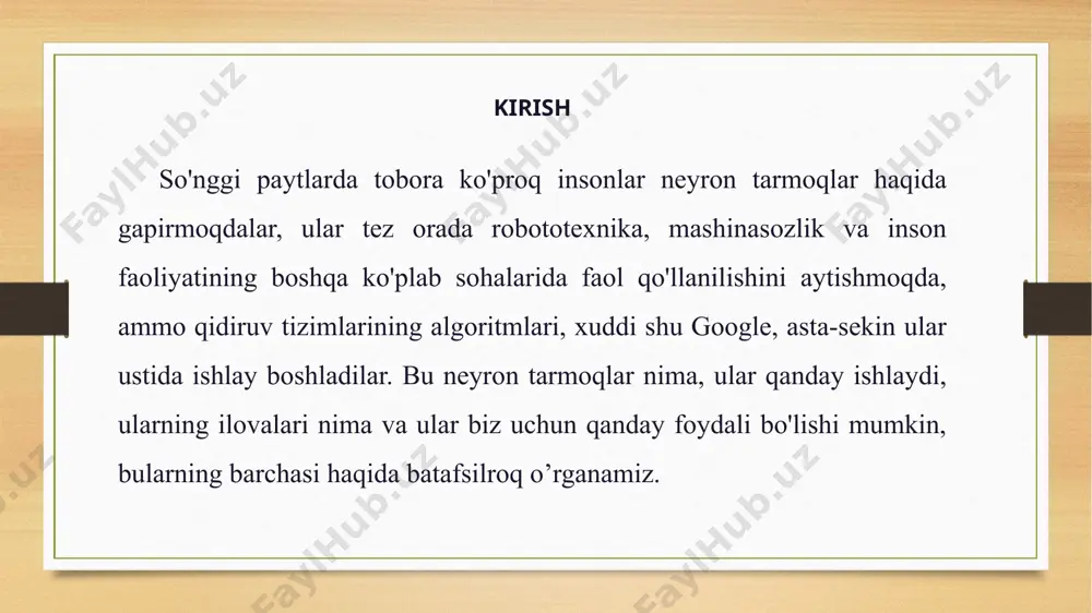 angan "zenit arena" ham yuzni tanish uchun neyron tarmog'idan foydalanishni rejalashtirmoqda. agar kameraga o'ta zo'ravonlik xususiyatiga ega muxlis kirsa, tizim bu haqda stadion xavfsizlik xizmatiga xabar beradi. nvidia muhandisi kuzatuv kameralarini o'rgatish uchun neyron tarmoqdan foydalangan. endi mushuk uyi yaqinidagi kameraga kirganda, maysazorni sug'orish tizimi avtomatik ravishda yoqiladi - mushuk darhol nafaqaga chiqadi va uyning hududi belgilanmagan bo'lib qoladi. qizig'i shundaki, tarmoq google-da "mushuk" so'rovi uchun rasmlardan foydalangan holda mushuklarni tanib olishga o'rgatilgan. neyron tarmoqlari — bu insonning asab tizimini ko’paytirishga urinishlarga asoslangan sun’iy intellekt sohasidagi tadqiqotlar yo’nalishlaridan biri. aynan: asab tizimining xatolarni o’rganish va tuzatish qobiliyati, bu bizga odam miyasining ishlashini taqlid qilishga imkon beradi. neyron tarmoqlar - bu neyronlar (asab hujayralari) odamlarda qanday ishlashiga o'xshash tarzda ma'lumotlardan (ma'lumotlarni) uzatish, qayta ishlash va o'rganish uchun mo'ljallangan bog'langan birliklar yoki tugunlarning kompyuter modellari. neyron tarmoqlarning ta’riflarini yanada aniqlashtirish uchun biologik neyron tarmoqlar haqida ma’lumotlar keltiramiz: inson nerv sistemasi yoki asab …
