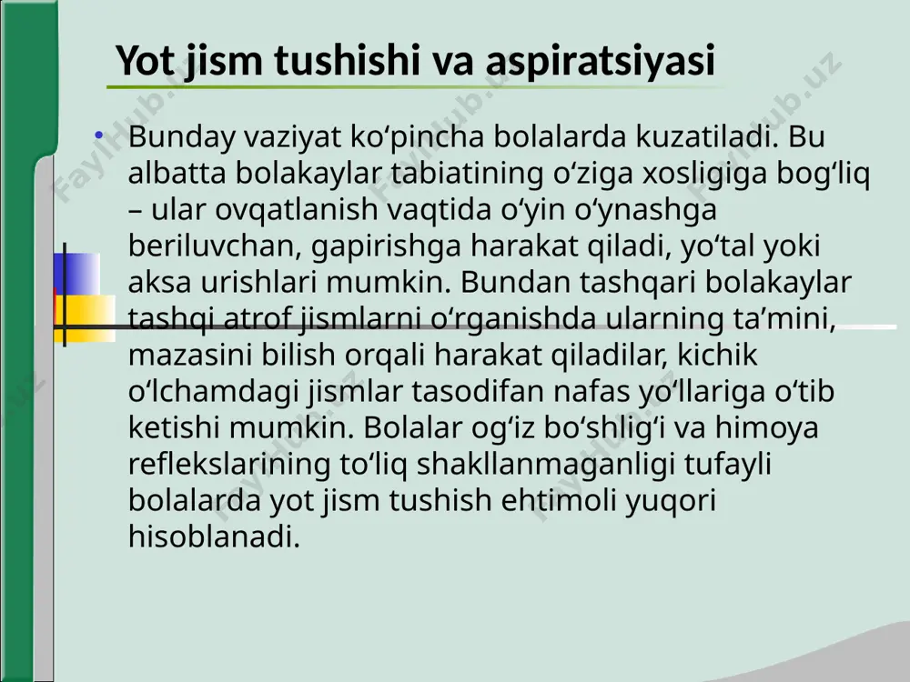 ring. albatta siz bunday holatda ahmoqona koʻrinishingiz mumkin, ammo aynan shu savol yordamida bemor nafas olyaptimi yoki yoʻqmi, bilib olishingiz mumkin. aynan, mana shu holat orqali keyingi taktikangizni belgilab olasiz. agar bemor umuman nafas olmayotgan boʻlsa unga “kuchliroq yoʻtal, yana yoʻtal, qani boʻlaqol” degan buyruqni bering – yaʼni bemorni hushini yoʻqotmaslik uchun, uni stimmulash uchun har qanday soʻz bilan himoya reflekslarini “uygʻoting”. koʻpincha mana shu chora tadbirlar yordamida kichik oʻlchamdagi yot jismlar nafas yoʻllaridan chiqib ketish uchun yetarli boʻladi. agar yot jism 30 soniya davomida chiqib ketmasa yoki bemor xuruj boshlangan vaqtning oʻzida nafas olmaganligini sezsangiz xeymlix usulini qoʻllash kerak boʻladi. shikastlanuvchining orqa tomonida turing; uni ikki qoʻllaringiz bilan quchoqlang, oʻng qoʻlingizni musht qilib chap qoʻlingiz bilan uni kuchli ushlab oling, qoʻllarni qorinning yuqori sohasiga qoʻying. yoʻnalish – yuqoriga va oʻzingizga torting. nafas olish sezilsa – bu yot jismning nafas yoʻllaridan chiqib ketganligidan dalolat beradi. xeymxil usuli 1 yoshdan kichik …