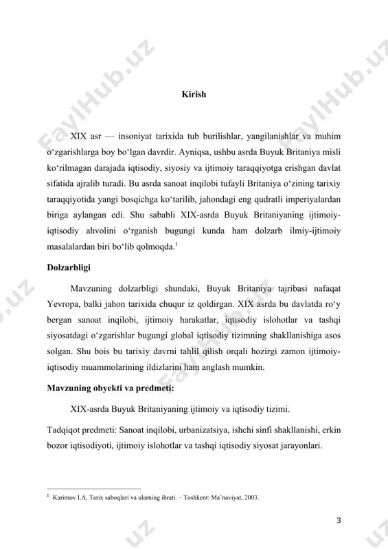 o bazasining kengayishi; ilg‘or texnologiyalar va ixtirolarning jadal rivojlanishi (bug‘ dvigateli, to‘quv stanoklari va boshqalar); xususan, bu davrda djeyms uatt tomonidan takomillashtirilgan bug‘ mashinasi ishlab chiqarish jarayonlarini tubdan o‘zgartirib yubordi. bu ixtiro sanoat korxonalarining ishlab chiqarish hajmini bir necha baravar oshirishga xizmat qildi. sanoat inqilobi davomida angliya hududida yirik sanoat markazlari paydo bo‘ldi. xususan, manchesterdagi to‘qimachilik sanoati, birmingemdagi metallurgiya markazlari va liverpul porti jahon savdosining muhim tugunlariga aylandi. bu markazlar nafaqat ichki bozorni, balki butun dunyoni britaniya mahsulotlari bilan ta’minlay boshladi. 1830-yillarda temir yo‘l tarmoqlarining qurilishi sanoat markazlarini bog‘lab, mamlakat ichidagi tovar almashinuvi va tashishni tezlashtirdi. “georg stephenson” tomonidan yaratilgan “rocket” poyezdi temir yo‘l transportining rivojlanishida muhim rol o‘ynadi.[footnoteref:4] [4: xasanov m. yevropa mamlakatlari yangi va eng yangi davrda. – toshkent: o‘zbekiston, 2010.] sanoat taraqqiyoti mehnat bozorida keskin o‘zgarishlarni keltirib chiqardi. qishloq xo‘jaligidan ajralgan aholining katta qismi shaharlarga ko‘chib, fabrika va zavodlarda ishlay boshladi. natijada ishchilar sinfi — proletariat shakllandi. …