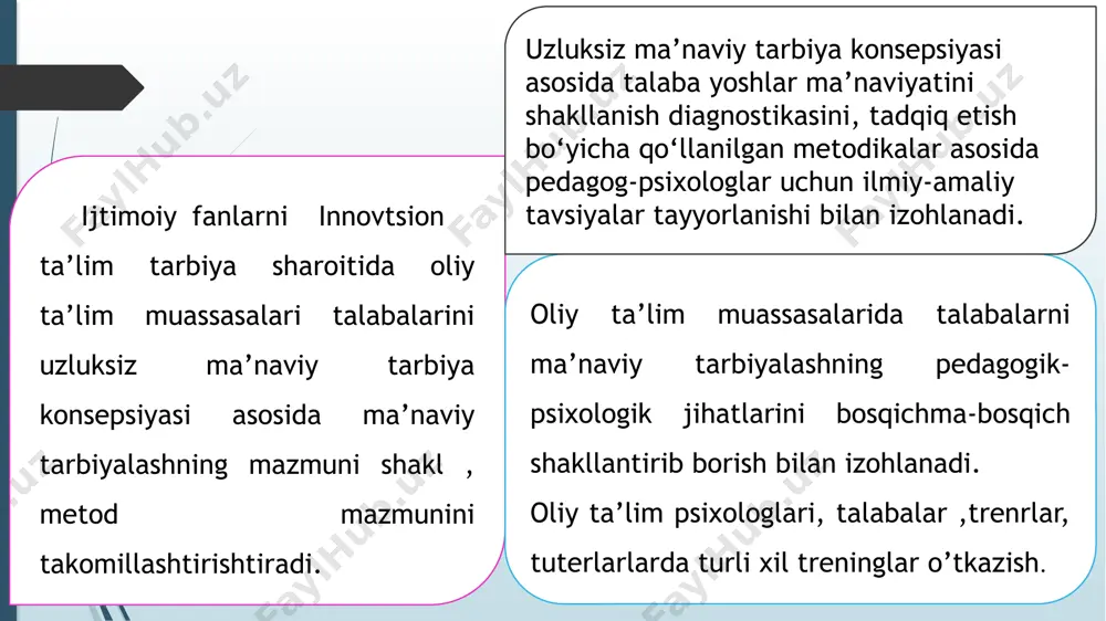 zor iqtisodiyotiga o‘tish davrida iqtisodiy bilimini oshirish; • mamlakatning ichki va tashqi siyosatini yuksalishida yoki mo’taxassislarni tayyorlash; ma’naviy-ma’rifiy va tarbiyaviy ishlarning asosiy yo‘nalishlari xulosa xulosa qilib aytganda, tarbiya va ta’limni xech qachon bir-biridan alohida ajratib bo‘lmaydi. bu ikki jarayon o‘zaro uyg‘un, uzluksiz asosda tashkil etilgandagina odobli, axloqiy fazilatlarga ega, yuksak ma’naviyatli, shu bilan birga bilimdon, zukko, ruhan va jismonan sog‘lom, keng dunyoqarash va tafakkurga ega bo’lgan, zamonaviy kasb-hunar egasi bo‘lgan vatanparvar talaba-yoshlarni yetishtirib beradi. e’tiboringiz uchun rahmat image1.jpeg image2.jpeg image4.jpeg image5.png image6.png /docprops/thumbnail.jpeg