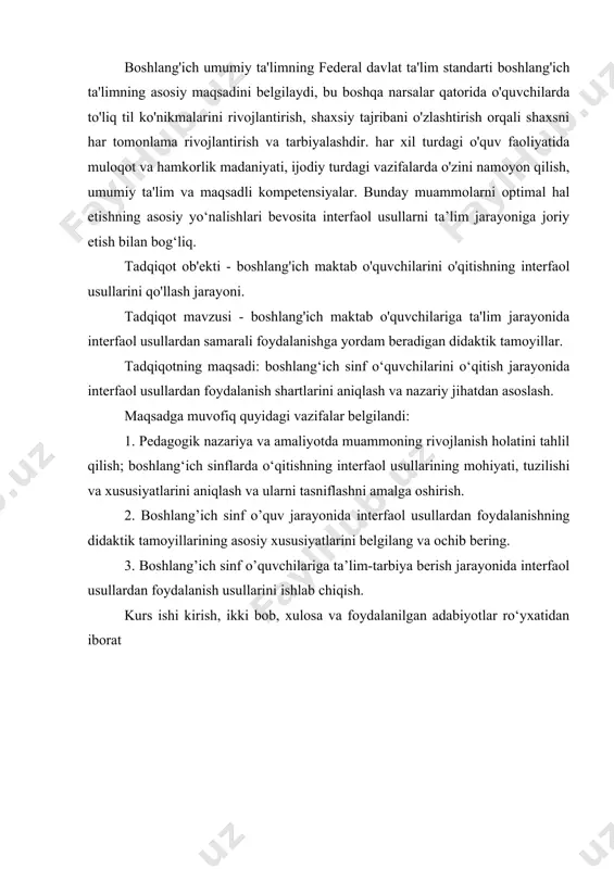 ot mavzusi - boshlang'ich maktab o'quvchilariga ta'lim jarayonida interfaol usullardan samarali foydalanishga yordam beradigan didaktik tamoyillar. tadqiqotning maqsadi: boshlang‘ich sinf o‘quvchilarini o‘qitish jarayonida interfaol usullardan foydalanish shartlarini aniqlash va nazariy jihatdan asoslash. maqsadga muvofiq quyidagi vazifalar belgilandi: 1. pedagogik nazariya va amaliyotda muammoning rivojlanish holatini tahlil qilish; boshlang‘ich sinflarda o‘qitishning interfaol usullarining mohiyati, tuzilishi va xususiyatlarini aniqlash va ularni tasniflashni amalga oshirish. 2. boshlang’ich sinf o’quv jarayonida interfaol usullardan foydalanishning didaktik tamoyillarining asosiy xususiyatlarini belgilang va ochib bering. 3. boshlang’ich sinf o’quvchilariga ta’lim-tarbiya berish jarayonida interfaol usullardan foydalanish usullarini ishlab chiqish. kurs ishi kirish, ikki bob, xulosa va foydalanilgan adabiyotlar ro‘yxatidan iborat i-bob. boshlang'ich sinflarda interfaol o'qitish usullaridan foydalanishning nazariy jihatlari 1.1-§. "interaktiv texnologiyalar" tushunchasi "faol usullar" tushunchasi xx asrning 20-30-yillarida mahalliy va xorijiy pedagogikada paydo bo'lgan. hududda bu masalalarni rivojlantirishga o.rivin katta hissa qo'shdi, u smenali yoki uyushgan dialog yoki dialogik birikmalar usuli deb ataladigan o'qitish usulini boshladi. bu …