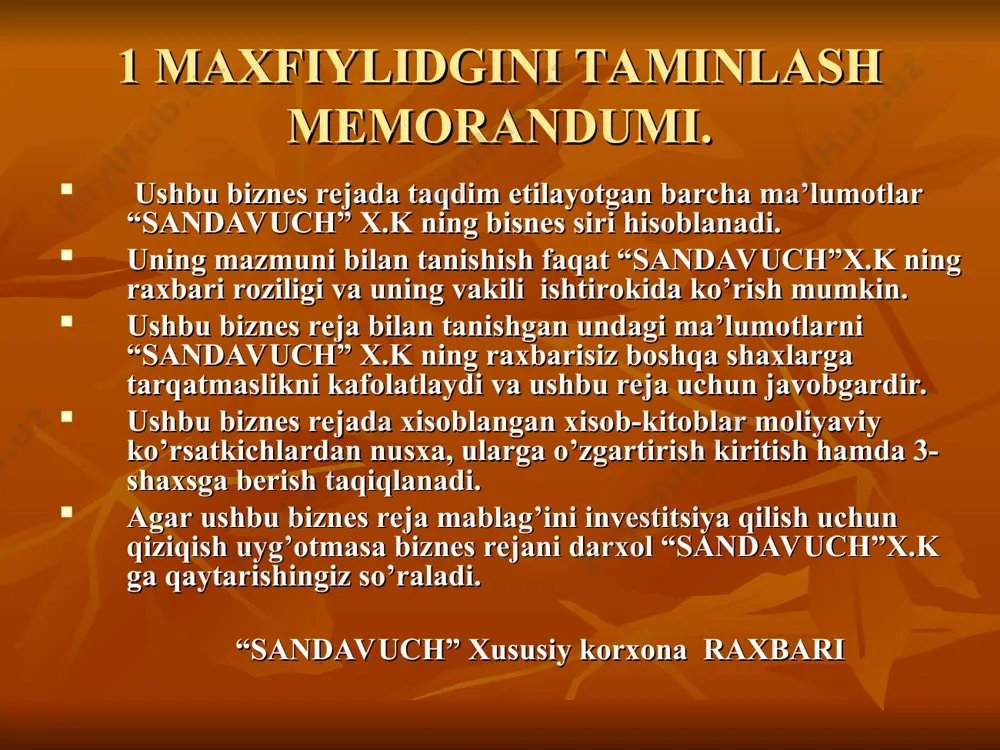 lda kantsilariya maxsulotlarini o’zbekiston hududidagi viloyat, shahar tumanlarida joylashgan chakana va ulgurji savdo do’konlariga hamda bozor hududidagi rastalariga yetkazib beriladi. raqobatchilar sifati narxi qo’shimchalar bizning maxsulotimiz ,, sandavuch’’xk maxsulotlari yuqori darajali bozor narxidan 10% arzon. maxsulotlarni kerakli joyga olib borib berishi. (viloyat bo’yicha) rossiya mahsulotlari oliy bozor narxida x xitoy mahsulotlari o’rta bozor narxida x hizmat ko’rsatish kanali 1. ulgurji savdo orqali 60% 2. buyurtma 10% 3.chakana savdo orqali 30 % izoh:” sandavuch “ x.k da ishlab chiqariladigan mahsulotlarni sotishda 60% ulgurji savdo orqali , 10% buyurtma orqali , 30% chakana savdo orqali sotilishi ko’zda tutilgan. 5.4 biznesda har qanday odam tavakkalchilikni o’zidan yiroqlashnirmaydi. shunday ekan biz boshlayotgan biznesda tavakkalchilikni baholash bo’yicha k k i t (swot) taxlil “sandavuch “ x.k bajariladigan ishlar yuzasidan 6 ta yangi ish o’rni yaratiladi. kuchli tomonlari ushbu sohada nazariy bilim va tajriba borligi va mahsulot ishlab chiqarish bo’yicha viloyatda raqobatchi yo’qligi, maxsulot sifati oliyligi …