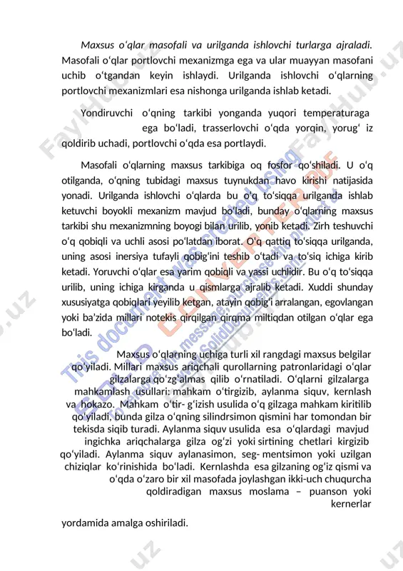 sus o‘qlarning uchiga turli xil rangdagi maxsus belgilar qo‘yiladi. millari maxsus ariqchali qurollarning patronlaridagi o‘qlar gilzalarga qo‘zg‘almas qilib o‘rnatiladi. o‘qlarni gilzalarga mahkamlash usullari: mahkam o‘tirgizib, aylanma siquv, kernlash va hokazo. mahkam o‘tir- g‘izish usulida o‘q gilzaga mahkam kiritilib qo‘yiladi, bunda gilza o‘qning silindrsimon qismini har tomondan bir tekisda siqib turadi. aylanma siquv usulida esa o‘qlardagi mavjud ingichka ariqchalarga gilza og‘zi yoki sirtining chetlari kirgizib qo‘yiladi. aylanma siquv aylanasimon, seg- mentsimon yoki uzilgan chiziqlar ko‘rinishida bo‘ladi. kernlashda esa gilzaning og‘iz qismi va o‘qda o‘zaro bir xil masofada joylashgan ikki-uch chuqurcha qoldiradigan maxsus moslama – puanson yoki kernerlar yordamida amalga oshiriladi. silliq milli ov miltiqlari uchun patronlar turli hayvonlarni ov qilish uchun mo‘ljallangan o‘qlar bilan ta’minlanadi. shakliga ko‘ra, bu o‘qlar soqqasimon yoki silindrsimon bo‘ladi. yirik hayvonlarni ov qilish uchun mo‘ljallangan patronlar ham shunday o‘qlar bilan ta’minlanadi. bunday patron diametri mil kalibriga mos yoki undan 0,1 mm ga kichik bo‘lgan bir dona o‘q …