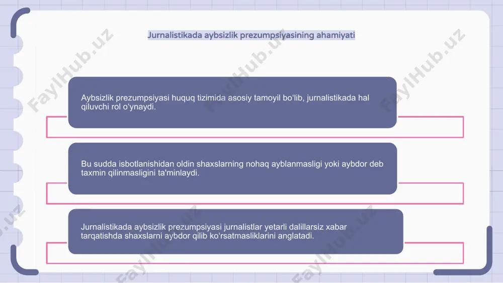a jamoatchilik fikrini shakllantirishda hal qiluvchi rol o‘ynaydi. jurnalistlar uchun axloqiy me'yorlarga rioya qilishlari va sudlanuvchilarni sudga kelishdan oldin oldindan hukm qilishdan qochishlari muhimdir. jurnalistlar aybi isbotlanmaguncha aybsiz deb hisoblashlari shartmi? jurnalistlardan aybi isbotlanmaguncha aybsiz deb hisoblashlari talab qilinishi kerak, chunki bu huquq tizimining asosiy jihati hisoblanadi. ushbu prezumpsiya adolatli va xolis hisobotni ta'minlaydi, tegishli jarayon tugagunga qadar shaxslarning nohaq hukm qilinishining oldini oladi. shu bilan birga, jurnalistlar ham to‘g‘ri va keng qamrovli yoritishni ta’minlash uchun haqiqatni o‘rganish va ochishda qunt bilan harakat qilishlari kerak. soxta ayblovlarning aybsizlik prezumptsiyasiga ta'siri aybsizlik prezumpsiyasi huquq tizimining asosiy tamoyilidir, ammo soxta ayblovlar uni buzishi mumkin. jurnalistlik faoliyati kontekstida soxta ayblovlar aybsizlik prezumptsiyasiga katta ta'sir ko'rsatishi mumkin. noto'g'ri ma'lumotlarning tarqalishi va yolg'on ayblovlar obro'ga putur etkazishi va shaxslarning adolatli sudlovni olishini qiyinlashtirishi mumkin. 1 2 3 oliy darajadagi sud ishlarida aybsizlik prezumpsiyasi: media-sirkmi yoki adolatli reportajmi? aybsizlik prezumpsiyasi jurnalistikaning asosiy tamoyilidir. u yuqori darajadagi …