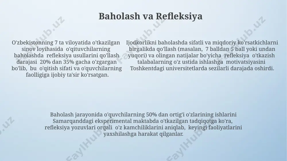 larning refleksiv faolligi xorazm shahridagi maktablarda qo'llanilgan yangi pedagogik yondashuv, o'quvchilarning o'z-o'zini baholash va refleksiv kundaliklarini yuritish orqali, o'qishga bo'lgan motivatsiyasini 15-20 ballga (5 ball shkalasi bo'yicha) oshirdi. samarqand viloyatida o'tkazilgan eksperimentda, 100 nafar o'quvchining metakognitsion strategiyasini baholash natijalari shuni ko'rsatdiki, muntazam refleksiv mashg'ulotlar o'quv samaradorligini 25% ga oshirgan. o'quvchilarning 70% dan ortig'i, toshkentdagi 5-maktabda o'tkazilgan tadqiqotga ko'ra, darsdan keyingi refleksiv faoliyatida o'zlarining his-tuyg'ularini va o'rganilgan mavzuning tushunilish darajasini ifoda etishda qiyinchiliklarga duch kelishgan. ijodkorlik va tanqidiy fikrlash ijodkorlik jarayonida 3 bosqichli tanqidiy fikrlash modeli (tahlil, baholash, yaratish) o'zbekistonning 5 ta oliygohida o'tkazilgan tadqiqotlar shuni ko'rsatdiki, ushbu model ijodkorlik samaradorligini 20% ga oshirgan. tanqidiy fikrlash, ijodkorlikning muhim tarkibiy qismi sifatida, 21-asr ko'nikmalariga mos keladi va singapur ta'lim tizimi kabi innovatsion yondashuvlarda muhim rol o'ynaydi. ijodkorlikka asoslangan loyihalarda tanqidiy fikrlashni qo'llash, masalan, 10 ta g'oyani tanlash va rivojlantirish jarayonida 70% ga yaqin vaqtni tejash imkonini beradi. o'qituvchining ijodkorlik potentsiali surxondaryo viloyatining …