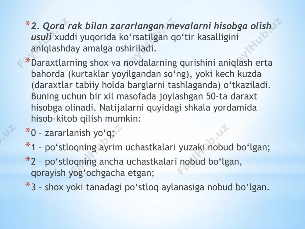 lashda qo‘llanilgan daraxtlardan foydalansa bo‘ladi. zararlanish darajasi quyidagi formuladan topiladi: 0 – sog‘lom daraxt; 1 – sust zararlanish, 1 – 10%; 2 – o‘rtacha zararlanish,11-25%; 3 – kuchli zararlanish, 26-50%; 4 – kasallikka chidamsiz, 50% dan yuqori. danak mevali daraxtlarning monilioz kasalligini hisobga olish.buning uchun oldingi kasalliklarni hisobga olishga mo‘ljallangan daraxtlardan yoki xuddi shu uslubiyotni qo‘llab boshqa 50-ta daraxt olinadi. zararlanish darajasini quyidagi formuladan topish mumkin: 0 – zararlanish yo‘q; 1 – daraxtga kam miqdorda ayrim to‘pgullar zararlangan; 2 – 1/5 to‘pgullar zararlangan; 3 – 1/3 to‘pgullar zararlangan. yuqorida qayd etilgan kasalliklarni hisobga olishda zararlanish foizi va kasallikning rivojlanishi aniqlanadi. zararlanish foizi oddiy usulda topiladi – kasallangan va kasallanmagan o‘simlik a’zolarini taqqoslash bilan. kasallikning tarqalishi quyidagi formula yordamida aniqlanadi: a ∙ 100 r = n bu yerda r – kasallikning tarqalishi, %; n – o‘simliklarning umumiy soni; a – kasallangan o‘simliklarning soni. agar xo‘jalikda, tumanda danakli mevali daraxtlar maydoni ko‘p …