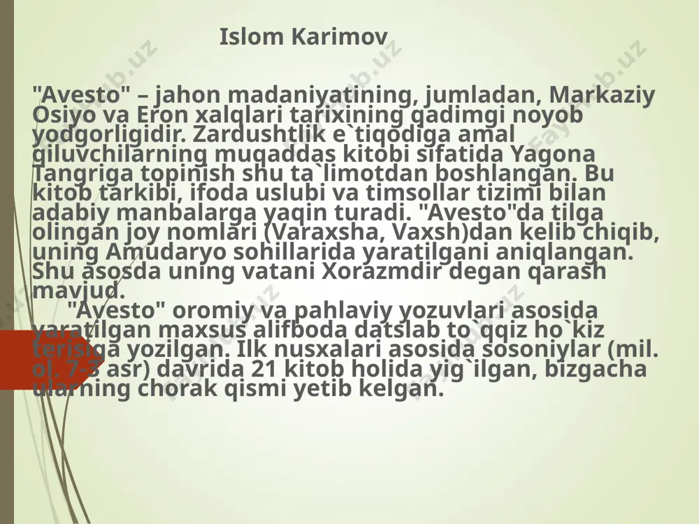 yo qadimgi aholisining «yeski dini»ga) nisbatan monoteitsik ta`limotdir. u behuda qon to`kuvchi qurbonliklar, harbiy to`qnashuvlar, bosqinchilik urushlarini qoralab, o`troq, osoyishta hayot kechirishga, mehnatga, dehqonchilik, chorvachilik bilan shug`ullanishga da`vat etadi. moddiy hayotni yaxshilashga urinishni yovuzlikka qarshi kurash deb hisoblaydi. zardushtiylik dinida qo`riq yer ochib, uni bog`u rog`ga aylantirgan odam ilohiyot rahmatiga uchraydi. aksincha, bog`lar, ekinzorlarni, sug`orish inshootlarini buzganlar katta gunohga qoladilar. zardusht insonlarga tinch-totuv yashashni, halol mehnat qilishni o`rgatmoqchi bo`ladi. bunga ko`ra insonning bu dunyodagi hayotiga yarasha narigi dunyodagi taqdiri ham bo`lajak, har bir inson o`lgandan so`ng o`zining bu dunyodagi qilmishiga yarasha abadiy rohat – jannatga, yoki yomon ishlari ko`p bo`lsa na xursandlik va na xafalik ko`rmaydigan arosat joy – misvongatuga tushadi. viii asrda o`rta osiyoga islom dini kirib kelib, keng tarqalguniga qadar zardushtiylik mahalliy xalqlarning asosiy dini hisoblangan. buni, jumladan, arxeologik tadqiqotlar isbotlaydi. hozirgi kunda zardushtiylikka e`tiqod qiluvchi diniy jamoalar mavjud. ular hinditsonning mumbay (bombey, g`ujarot shtatlarida; 115 ming kishiga …