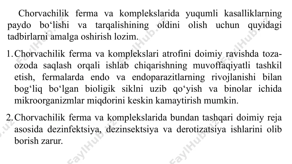 iste'mol qilsa ham zararli emas. fermaning veterinariya nuqtai-nazaridan qulayligi uning joylashgan hududiga bog‘liq. chorva fermasi, binosi, veterinariya inshoatlari, ozuqa sexlari, ozuqa omborlari va boshqa chorvachilik inshoatlarini botqoq, sizot suvlari yuqori joylashgan, ko‘hna hayvon mozorlari, go‘ngxonalar, terini qayta ishlash, quyonchilik, parrandachilik xo‘jaliklari o‘rniga qurish ta’qiqlanadi. chorva fermasi uchun ancha baland, quruq, yomg‘ir-qor suvlari bosmaydigan, sizot suvlari chuqur bo‘lgan, tekis, ochiq, suv bilan ta’minlangan, sanitariya talablariga javob beradigan joy tanlanadi. fermerning fermasi aholi yashaydigan joydan ma’lum masofada (sanitariya- himoya zonasi), kelajakda qishloqning kengayishi, yon-atrofda sanoat yoki qayta ishlash korxonalari qurilishini hisobga olib quriladi. meditsina me’yorlari bo‘yicha aholi yashash joyidan fermer xo‘jalik fermasi orasidagi masofa kamida 300 metr bo‘lishi o‘rnatilgan. fermalar va fermerga aloqasi yo‘q qishloq x’o‘jalik korxonalari, qurilish va inshoatlar oralig‘i quyidagicha bo‘lishi kerak: qoramolchilik, qo‘ychilik, echkichilik, cho‘chqachilik, parrandachilik, quyonchilik fermalarigacha - 1,5 km; yirik avtomobil va temir yo‘llargacha - eng kamida 0,5 km; hayvonlar uchun zararli gazlar, tutun, chang chiqaradigan sanoat …