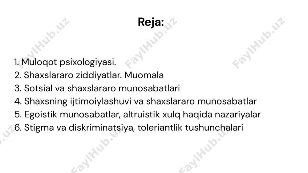 lar xavf tug‘diruvchi yuz ifodalarini, ayniqsa g‘azablangan yoki qo‘rquvni ifodalaydigan yuzlarni, boshqa his-tuyg‘ulardan tezroq va samaraliroq taniydilar. bu evolyutsion omon qolish uchun muhim bo‘lgan. “o‘zaro murojaat qilish” qoidasi: muloqotda, odamlar o‘zaro javob berish qoidasi bilan bog‘liqdirlar – bir kishi sizga biror narsa bersa yoki mehribonlik ko‘rsatsa, siz ham unga nisbatan o‘xshash javob qaytarishni his qilasiz. “yalang‘och so‘zlar” va kuchli ta'sir: bitta hissiyotli so‘z yoki qisqa ibora (masalan, "yo'q", "dahshat") ko‘pincha butun muloqotning mazmunini o‘zgartirishi va hissiy reaksiya keltirishi mumkin. bu ko‘pincha reklama yoki propaganda psixologiyasida qo‘llaniladi. yolg‘onni aniqlashning murakkabligi: odamlar yolg‘onni aniqlashda ko‘p hollarda muvaffaqiyatsizlikka uchraydilar. psixologik tadqiqotlar shuni ko‘rsatadiki, odamlar yolg‘onni faqat 54% aniqlikda topadilar, bu esa tasodifga yaqin daraja. tananing joylashuvi muloqotga ta’sir qiladi: tananing ochiq joylashuvi (qo‘llar keng ochilgan, gavda to‘g‘ri) odamlarni ochiq, ishonchli deb ko‘rsatadi. tana qimirlamay, yopiq holatda bo‘lish esa qiziqmaslik yoki himoyalanishni anglatadi. kuchli "birinchi taassurot": inson miyasining "birinchi taassurot" hosil qilishi uchun 7-10 …