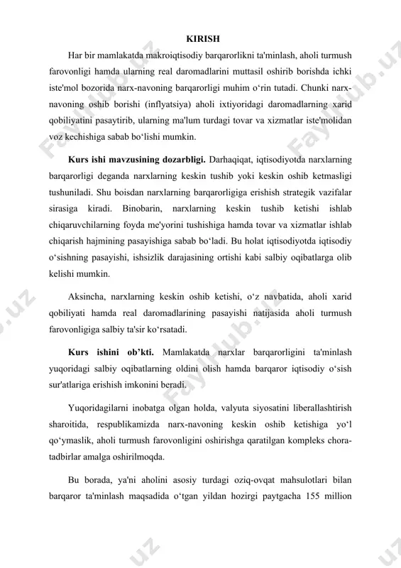 minlash maqsadida, o‘zbekiston respublikasi prezidenti farmoniga muvofiq, ijtimoiy ahamiyatga ega bo‘lgan 820 turdagi dori vositalari va tibbiyot buyumlari ijtimoiy dorixonalar tomonidan ularning sotib olish qiymati yoki ulgurji narxiga 10 foiz cheklangan savdo ustamasi qo‘llanilgan holda amalga oshirilishi belgilab qo‘yildi. shuni aytish joizki, yuqorida tilga olingan kompleks chora-tadbirlar samarasi o‘laroq, joriy yilning 8 oyida inflyatsiya darajasi 6,2 foizni tashkil qildi. (inflyatsiya darajasi 2017-yilning mos davrida - 9,0 foizni tashkil etgan edi.) o‘rtacha narxlar esa, masalan, kartoshka bo‘yicha joriy yilning boshidagi 3 580 so‘mdan avgust oyida 1 400 so‘mgacha, tuxum - 660 so‘mdan 485 so‘mgacha, piyoz - 1 950 so‘mdan 980 so‘mgacha pasaydi. tabiiyki, narxlarning pasayish holati barcha mahsulotlarga birdek ta'sir ko‘rsatgani yo‘q. ayrim turdagi oziq-ovqat mahsulotlari narxining o‘sish holatlari ham kuzatilmoqda. jumladan, joriy yilning 8 oyi davomida mol go‘shtining narxi 20,9 foizga, qo‘y go‘shtining narxi 20,5 foizga hamda guruchning narxi 43,7 foizga o‘sishi kuzatildi. ushbu tovarlar narxlarining barqarorligini ta'minlash maqsadida, tegishli …
