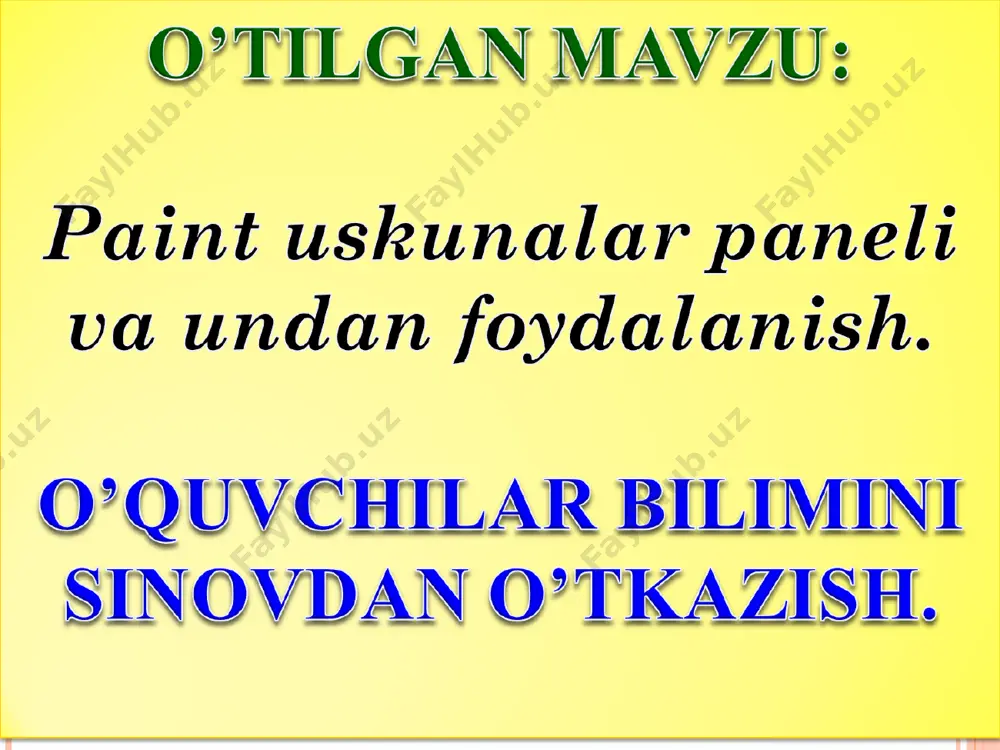 , printer, skaner; e) klaviatura, elektron doska, faks 4. shart antianagramma. kartochkalardagi so’zlardan informatika va kompyuterga bog’liq so’zlar hosil bo’lishi kerak. barcha harflar so’zda qatnashadi. masalan: sor, prot, ses (protsessor) mif, nota, ikra (informatika) tu, kla, ra, via (klaviatura) do, win, vs (windovs) rot, bo, ax(axborot) 5 shart. axborotni olish va uzatish usullari: tushunchani aytmasdan turib, xarakat bilan tushuntirish (oy, klaviatura, fazoda uchish, sichqoncha, tekislik, suzish, maktab) harakatlar yordamida ovozsiz jumlani tushuntirish (quyosh, kompyuter, quyosh, yurak, suv, oila, kitob o’qish) savol va topshiriqlar paint dasturida rasmga matn joylashtirish mumkinmi? paint dasturida rasmga matn joylashtirish uchun qaysi uskunadan foydalaniladi ? kiritilayotgan matn qaysi rangda bo'ladi va и qanday o'zgartiriladi? kiritilayotgan matn shriftini о 'zgartirishni amalda ко 'rsating. rasmning biror qismidan nusxa ко 'chirish uchun qanday amallarni bajarish kerak? dars yakuni: o’quvchilar baholanadilar uyga vazifa: painta dasturida rasmlar chizish. dars sizlarga yoqdi degan umiddaman e’tiboringiz uchun rahmat