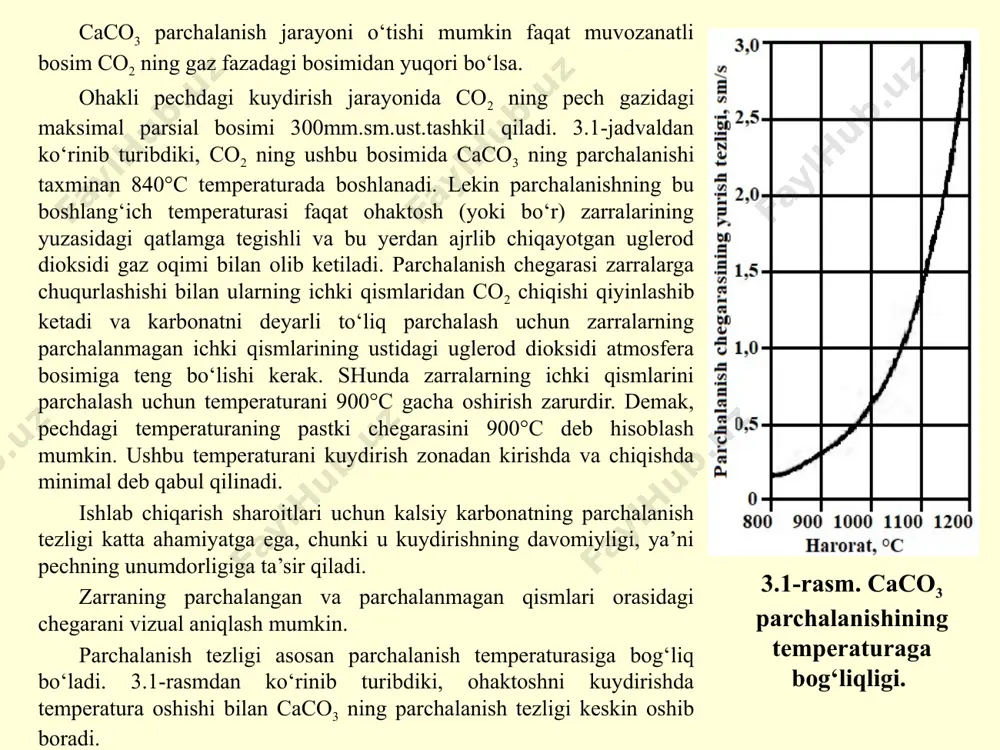 lotlarining aralashtirish sharoitlari, ularning kuydirilayotgan material bilan kontakt yuzasi va h.k). mavjud bo‘lgan ishlab chiqarishlarda yoqilg‘i sifatida koks yoki antratsit qo‘llaniladi. o‘zbekisgon respublikasi «ko‘ng‘irot soda zavodi» uk da yoqilg‘i sifatida tabiiy gaz qo‘llaniladi. bu holda pechdan chiqayotgan gazda co2 konsentratsiyasi nisbatan kamayishi (28%) hisobiga pechning unumdorligi pasayib ketmaydi. hosil bo‘layotgan ohakning kristallik strukturasi ham kuydirish temperaturasi va davomiyligiga bog‘liq. yumshoq sharoitlarda, ya’ni kuydirish temperaturasi taxminan 1150°c bo‘lganida, g‘ovakli katta solishtirma yuza va yuqori reaksion aktivligi bilan ohak hosil bo‘ladi. bundan yuqori temperaturalarda ohakning rekristallizatsiya jarayoni boshlanadi. bu holda ohakning zichligi oshadi, solishtirma yuzasi kamayadi va shuning bilan bir vaqtda ohakning aktivligi kamayadi. kuydirishning temperaturasi va davomiyligi qancha yuqori bo‘lsa shuncha chuqurroq rekristallizatsiya jarayoni o‘tadi. natijada aktivsiz ohak hosil bo‘ladi. shu munosabat bilan kuydirish zonasida temperatura 1200°c dan oshirilmaydi. amaliyot shuni ko‘rsatadiki, o‘ta kuyish asosan mayda zarralarda kuzatiladi va bu qonuniyat quyidagi fikrlardan kelib chiqadi. caco3 ning parchalanishi issiqliik yutishi bilan …