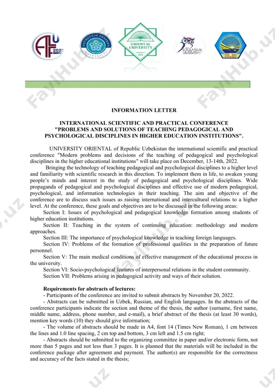 https://us06web.zoom.us/j/2175266528 (пароль: 2022) электронная почта: kmurotmusaev@gmail.com номер карты для оплаты: 8600 1309 9787 7149 (на имя ташова мухиддина) образец психологические механизмы формирования человечных чувств у студентов рустамова барно абдухалиловна преподаватель кафедры «педагогика и психология» университета oriental аннотация (на узбекском, русском и английском языках): основные фразы: текст статьи. текст статьи. текст статьи. текст статьи. текст статьи. текст статьи. текст статьи. текст статьи. текст статьи. текст статьи. текст статьи. текст статьи. текст статьи. текст статьи. текст статьи [1;176]. текст статьи. текст статьи. текст статьи. текст статьи. текст статьи. текст статьи. текст статьи. текст статьи. текст статьи. текст статьи [2;57]. текст статьи. текст статьи. текст статьи. текст статьи. текст статьи. текст статьи. текст статьи. текст статьи. текст статьи. текст статьи. список ссылок: 1. курбанов ш., сейтхалилов э. управление качеством образования. - т.: «турон-икбал», 2006. information letter international scientific and practical conference "problems and solutions of teaching pedagogical and psychological disciplines in higher education …