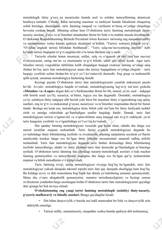 a erishishi, yangi jamiyatga o‘tish davrida siyosiy islohotlarning amalga oshirilishi, o‘zbekistonda huquqiy demokratik davlat qurilishi, fuqarolik jamiyatining shakllantirilishi, iqtisodiy islohotlarni chuqurlashtirishga doir tadbirlar, mamlakatda ijtimoiy-siyosiy barqarorlikni ta’minlash omillari, ma’naviy-ruhiy tiklanish va milliy qadriyatlarning tiklanishi hamda o‘zbekistonning jahon hamjamiyatida munosib o‘rni olishi kabi masalalar – bu bosqichdagi o‘zbekiston tarixining mazmunini tashkil etadi. o‘zbekistonning eng yangi tarixi fani - ob’ekti sifatida, fanning o‘zbekiston tarixining eng yangi davri ekanligi nuqtayi nazaridan kelib chiqib, 1991 yildan to hozirgi kungacha bo‘lgan voqea va hodisalarning bir butun hamda yaxlitlikda o‘z ichiga oladi. fanning predmeti esa mana shu bir butun ob’ekt ichidagi aniq siyosiy, tarixiy-madaniy, ijtimoiy-iqtisodiy jarayonlardan iborat bo‘ladi. o‘zbekistonning eng yangi tarixi materiallari, tarixiy jarayonlarning talqini sobiq tuzum davrida an’anaga aylangan-sinfiylik, partiyaviylik kabi soxta tamoyillardan holi bo‘lmog‘i lozim. bundan kelib chiqqan holda: -birinchidan, o‘zbekistonning eng yangi tarixi materiallari chuqur ilmiylik, xolisonalik, tarixiylik, xronologik, izchillik, tarixiy haqiqatning ustuvorligi tamoyillariga asoslanadi; -ikkinchidan, fan materiallarini o‘zlashtirish bo‘lajak mutaxassislarda tarixiy …