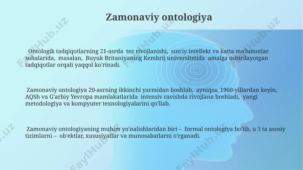 ing soni o'rtasidagi statistik taqqoslash, "imkoniyat va amal" mavzusini amaliy jihatdan yoritib beradi. ontologiyaning amaliy qo'llanilishi ontologiyaning amaliy qo'llanilishi, masalan, 30 dan ortiq mamlakatlarda qo'llaniladigan dublin core metama'lumotlar standartini yaratishda, axborotni aniq tasniflash va qidiruvni yaxshilashda muhim rol o'ynaydi. ontologiya, 1000 dan ortiq turli xil ma'lumotlar bazasini birlashtirish orqali, buyuk britaniyaning milliy arxivida tarixiy hujjatlarni qidirish va tahlil qilishni sezilarli darajada tezlashtirdi. sog'liqni saqlash sohasida, 5 yil ichida aqshning 2 ta yirik shifoxonasida ontologiya yordamida bemorlarning elektron tibbiy kartalarini birlashtirish va tahlil qilish samaradorligi 15% ga oshgan. materiya va ong muammosi materiyaning ongga nisbatan ustunligi yoki aksincha, ongning materiya ustidan hukmronligi haqidagi 3 ta asosiy pozitsiya mavjud bo'lib, ularning har biri bir qator mantiqiy va empirik dalillar bilan qo'llab-quvvatlanadi. "materiya va ong muammosi" ni hal qilishda 19-asr oxiri va 20-asr boshlarida paydo bo'lgan psixologiya, neyrofiziologiya kabi fanlarning rivojlanishi muhim rol o'ynagan, bu esa, masalan, berlin universiteti olimlarining tadqiqotlarida yaqqol ko'rinib …