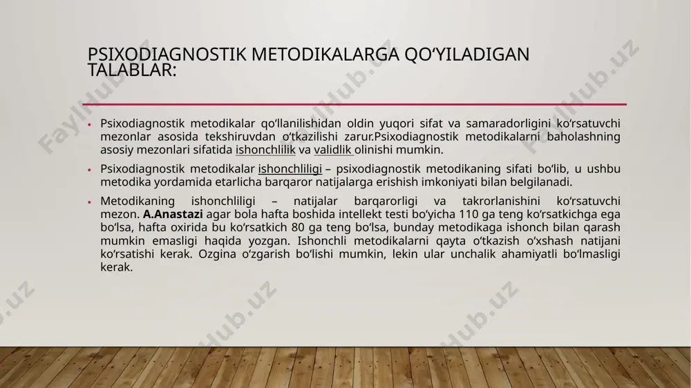 alidligi masalasi ko‘rib chiqiladi. chunki ishonchli bo‘lmagan metodika validligi yuqori metodika bo‘la olmaydi. metodika validligi – metodika yordamida olingan ma’lumotlarning nimani aniqlashga qaratilganligi, ya’ni metodika mohiyati bilan mosligi. validlik – metodikaning samaradorligi, amaliy foydasini ko‘rsatuvchi mezon. reprezentativlik – tanlanmaning sinaluvchilar bosh majmui xarakteristikalarini ko‘rsatuvchi xususiyati. shuningdek, akimova m.k., gurevich e.m. bo‘yicha hozirgi zamon psixologiyasida mavjud bo‘lgan vositalarni sifat darajasiga ko‘ra 2 guruhga bo‘lish mumkin: formallashgan metodikalar kam formallashgan metodikalar ushbu metodikalar nisbatan qisqa vaqt ichida diagnostik axborotni qo‘lga kiritish hamda individlarni o‘zaro miqdor va sifat jihatidan taqqoslash imkoniga ega. 1 – guruh metodikalarga quyidagilarni kiritish mumkin: - testlar; - so‘rovnomalar; - proektiv texnika metodikalari; - psixofiziologik metodikalar; ular uchun xarakterli jihatlar: aniq reglamentatsiya; tadqiqot yoki tekshiruv jarayonining ob’ektivizatsiyasi (ko‘rsatmaga to‘g‘ri amal qilish, stimul materialini namoyish qilishning qat’iy usullari. sinaluvchi faoliyatiga tadqiqotchining aralashmasligi); standartizatsiya (ya’ni diagnostik eksperiment natijalarini qayta ishlash va taqdim etishning qabul qilingan tartibi joriy etilishi); ishonchlilik; validlik kam …