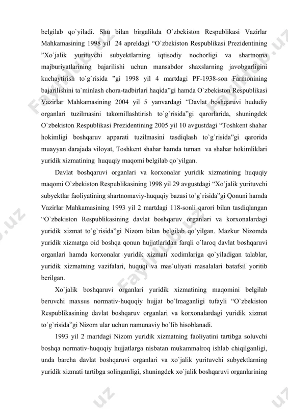 liyati masalalari batafsil yoritib berilgan. xo`jalik boshqaruvi organlari yuridik xizmatining maqomini belgilab beruvchi maxsus normativ-huquqiy hujjat bo`lmaganligi tufayli “o`zbekiston respublikasining davlat boshqaruv organlari va korxonalardagi yuridik xizmat to`g`risida”gi nizom ular uchun namunaviy bo`lib hisoblanadi. 1993 yil 2 martdagi nizom yuridik xizmatning faoliyatini tartibga soluvchi boshqa normativ-huquqiy hujjatlarga nisbatan mukammalroq ishlab chiqilganligi, unda barcha davlat boshqaruvi organlari va xo`jalik yurituvchi subyektlarning yuridik xizmati tartibga solinganligi, shuningdek xo`jalik boshqaruvi organlarining yuridik xizmati uchun namunaviy bo`la olishi bois yuridik xizmatning huquqiy maqomini belgilab beruvchi asosiy normativ-huquqiy hujjat deb hisoblash mumkin. nodavlat notijorat tashkilotlari yuridik xizmatining huquqiy maqomi esa mazkur tashkilotlarning ichki hujjatlari bilan belgilanadi. 2-. yuridik xizmat to`g`risidagi ichki nizomlar. yuridik xizmat xodimlarining mansab yo`riqnomalari yuridik xizmatning huquqiy maqomi tegishli davlat organlari va xo`jalik yurituvchi subyektlar faoliyatining o`ziga xos xususiyatlarini hisobga olgan holda ichki nizomlar va yuridik xizmat xodimlarining mansab yo`riqnomalari bilan ham belgilanishi mumkin. ichki nizomlar orqali yuridik xizmatning funksiyalari hamda huquqlari …