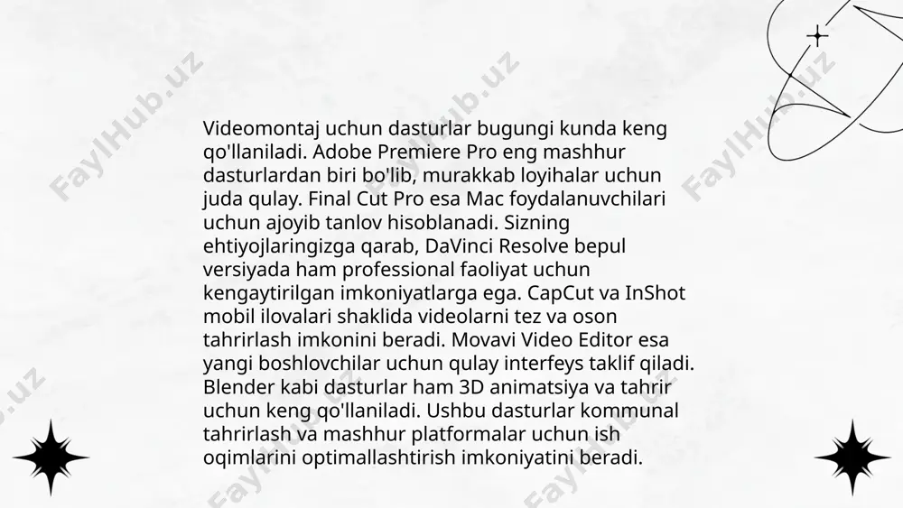 o'lib, dasturchilarga vaqtni tejash imkonini beradi. ... t.me/slaydai_bot veb-dizayn dasturlari saytlarni yaratish va loyihalash uchun mo‘ljallangan vositalardir. adobe xd, figma, va sketch eng mashhur dasturlardan biri hisoblanadi. adobe xd dizayn va prototip yaratishda tezkorligi bilan ajralib turadi. figma bulutga asoslangan va jamoaviy ishlash imkoniyatini taqdim etadi, foydalanuvchilar soni 4 milliondan oshgan. sketch esa mac foydalanuvchilari orasida ommabop bo‘lib, ko‘plab plug-inlari mavjud. canva kabi vositalar esa sodda loyihalar uchun qulaydir. ushbu dasturlar 2023-yilda 12% o‘sish kutilayotgan veb-dizayn sohasida muhim rol o‘ynaydi. ... t.me/slaydai_bot 10. grafik dizayn dasturlari grafik dizayn dasturlari grafik ishlanmalarga oid turli uskunalar va vositalarni o'z ichiga oladi. adobe photoshop va illustrator eng mashhur dasturlar bo'lib, ko'pincha professional dizaynerlar tomonidan ishlatiladi. coreldraw vektor grafikasi bilan ishlash uchun mo'ljallangan. indesign esa matbaa va chop etish uchun mo'ljallangan dizaynlarni yaratishga yordam beradi. sketch va figma esa, ux/ui dizayn uchun keng qo'llaniladi. inkscape va gimp bepul dasturlar bo'lib, cheklangan byudjetga ega foydalanuvchilar …
