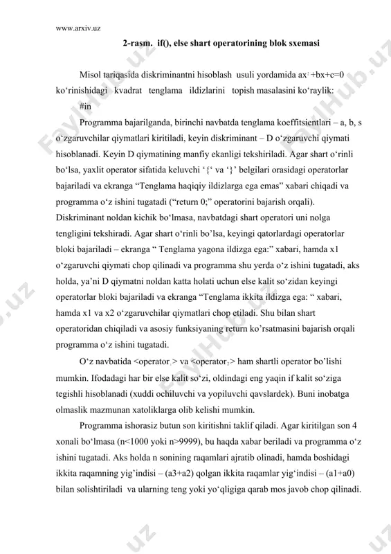 alan, default qismi bo‘lmagan holda, agar birorta bilan ustma-ust tushmasa, operator hech qanday amal bajarmasdan boshqaruv tarmoqdanuvchi operatordan keyingi operatorga o‘tadi. agar break bo‘lmasa, birorta bilan ustma-ust tushgan holda, unga mos keluvchi operatorlar guruhini bajaradi va «to‘xtamasdan» keyingi qatordagi operatorlar guruhini bajarishga o‘tib ketadi. masalan, yuqoridagi misolda break operatori bo‘lmasa va jarayonni davom ettirishni tasdiqlovchi (‘y’) javob bo‘lgan taqdirda ekranga jarayon davom etadi! jarayon tugadi! xabarlari chiqadi va programma o‘z ishini tugatadi (return operatorining bajarilishi natijasida). tarmoqlanuvchi operator sanab o‘tiluvchi turdagi o‘zgarmaslar bilan birgalikda ishlatilganda samara beradi. quyidagi programmada ranglar gammasini toifalash masalasi yechilgan. programma bajarilishida boshqaruv tarmoqlanuvchi operatorga kelganda, rang qiymati qizil yoki tuq_sariq yoki sariq bo‘lsa, “issiq gamma tanlandi’’ xabari, agar rang qiymati yashil yoki kuk yoki zangori yoki binafsha bo‘lsa, ekranga “sovuq gamma tanlandi” xabari, agar rang qiymati sanab o‘tilgan qiymatlardan farqli bo‘lsa, ekranga “kamalak bunday rangga ega emas “ xabari chop etiladi va programma o‘z ishini …