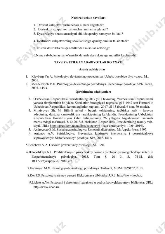 ategory/5 (data obrahyeniya: 10.04.2019). 5. andreyeva g. m. sosialnaya psixologiya: uchebnik dlya vuzov. m: aspekt-press, 1997. 4. antonov a.v. suisidologiya. prevensiya, krizisnaya intervensiya i possuisidalnoye soprovojdeniye: metodicheskoye posobiye. spb, 2018. 181 s. 5.belicheva s. a. osnovo‘ preventivnoy psixologii. m., 1994. 6.belopolskaya n.l. predstavleniya o psixicheskoy norme i patologii: psixologicheskiye kriterii // eksperimentalnaya psixologiya. 2015. tom 8. № 3. s. 74-81. doi: 10.17759/yexppsy.2015080307 7.karamyan m.x. psixologiya deviantnogo povedeniya. tashkent, mumtozso‘z,2010. 8.kon i.s. psixologiya ranney yunosti elektronnaya biblioteka: url: http://www.koob.ru 9.lichko a.ye. psixopatii i aksentuasii xaraktera u podrostkov/yelektronnaya biblioteka: url: http://www.koob.ru image1.emf «венн»диаграммаси 2 объектни, тушунчани,ғояни, ходисанитаққослаш фаолиятиниташкил этишжараёнида ишлатилади.
