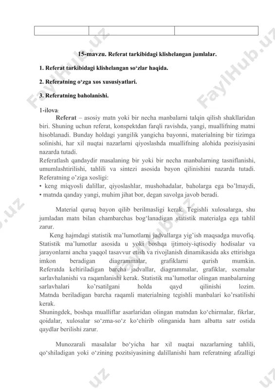 ng bir yoki bir necha manbalarning tasniflanishi, umumlashtirilishi, tahlili va sintezi asosida bayon qilinishini nazarda tutadi. referatning o’ziga xosligi: • keng miqyosli dalillar, qiyoslashlar, mushohadalar, baholarga ega bo’lmaydi, • matnda qanday yangi, muhim jihat bor, degan savolga javob beradi. material quruq bayon qilib berilmasligi kerak. tegishli xulosalarga, shu jumladan matn bilan chambarchas bog‘lanadigan statistik materialga ega tahlil zarur. keng hajmdagi statistik ma’lumotlarni jadvallarga yig’ish maqsadga muvofiq. statistik ma’lumotlar asosida u yoki boshqa ijtimoiy-iqtisodiy hodisalar va jarayonlarni ancha yaqqol tasavvur etish va rivojlanish dinamikasida aks ettirishga imkon beradigan diagrammalar, grafiklarni qurish mumkin. referatda keltiriladigan barcha jadvallar, diagrammalar, grafiklar, sxemalar sarlavhalanishi va raqamlanishi kerak. statistik ma’lumotlar olingan manbalarning sarlavhalari ko’rsatilgani holda qayd qilinishi lozim. matnda beriladigan barcha raqamli materialning tegishli manbalari ko’rsatilishi kerak. shuningdek, boshqa mualliflar asarlaridan olingan matndan ko‘chirmalar, fikrlar, qoidalar, xulosalar so‘zma-so‘z ko‘chirib olinganida ham albatta satr ostida qaydlar berilishi zarur. munozarali masalalar bo‘yicha har xil nuqtai nazarlarning tahlili, qo‘shiladigan …