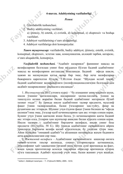 adabiyotning vazifadorligi — DOCX