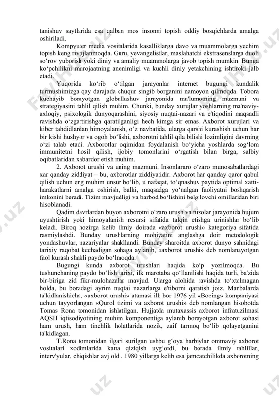 ta'lim olish imkoniyati mavjud. internetning «liminal makon»i ma'naviy yoki diniy tajribaga (absorbsiya, asketlik, eskapizm, yagonalik, muloqot) yangi imkoniyatlar ochib bermoqda. hozirgi kunda ofisda faoliyat yurituvchilar hayot tarziga monand 10 daqiqali ma'naviy mashqlar tajriba orttirishga imkon beradi. zamonaviy sufiylar internet orqali bunday aloqalar vositasida murshid va murid o‘rtasidagi o‘zaro munosabatlar yaxshilanayotganini e'tirof etadilar. internet-radio kabi yangi texnologik imkoniyatlar yordamida tinglovchilarni «psixonavigasion sayohatga» chorlaydilar. kompyuter-media vositalari diniy amaliyotga chuqur singib ketishi natijasida kibermakon muhim rituallar maydoniga hamda muayyan dinga targ‘ib qilish manbai va vositasiga aylangan. bundan tashqari jamiyatdan uzoqlashgan ma'lum bir yoshlar va ayollarni kiber-ma'naviyat rasmiy ibodatxonalardan ko‘ra ko‘proq o‘ziga jalb etadi. amaliy so‘rovlar esa mazkur jarayonlar kelajakda yoshlarni qamrab olishini ko‘rsatgan. ammo ba'zilar internet jonli, ta'sirchan ma'ruza bilan bellasha olmasligini ta'kidlaydi. shuningdek, onlayn-jamoalar tez suratlar bilan o‘zgarayotgan dunyoda «to‘g‘ri yo‘l»da bo‘lishning amaliyoti qanday bo‘lishiga oid savol va mulohazalarni muhokama qiluvchi muhim «maydon»ga aylandi. umumiy olganda kibermakon vaqt va makon chegarasini bosib …