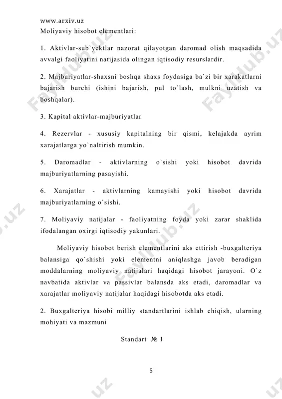 n moddalarini ochish tartibini aniqlaydi. ushbu standart mulkchilikning shakllaridan qat`iy nazar barcha xo`jalik yurituvchi sub`yektlar bilan moliyaviy natijalar haqidagi hisobotni tayyorlashda qo`llaniladi. bu hisobot ochilishi kerak: 1. savdodan tushgan sof tushum. 2. savdodan tushgan yalpi moliyaviy natija. 3. asosiy faoliyatidan tashqari operacion kirim va chiqim. 4. asosiy faoliyatdan foyda va zarar. 5. moliyaviy faoliyatidan tashqari kirim va chiqim. 6. favquloddagi foyda va zarar. 7. daromadga soliq to`languncha umumiy moliyaviy natija. 8. hisobot davrining sof foyda (ziyon) si. moliyaviy natijalar tug`risidagi hisobot - hisobot davrini boshlang`ich balans va davr oxiridagi balans oraligini bog`layotgan dastak bo`lib turadi. standart № 4 (1998 yil 28 avgust) bu standart tmz hisobi tartibini aniqlaydi va o`zida aks ettiradi. tmz ni baholash va klassifikaciya qilish, ishlab chiqarish bilan bog`langan va tmz tannarxini tashkil etgan xarajatlar hisobini. tmz ni hisobdan chiqarish asosida tayyorlangan moliyaviy hisobotlarni tuzishda va yechishda doimo amal qilinadi. unda quyidagilar aks ettiriladi: 1. pudrat qurilish …