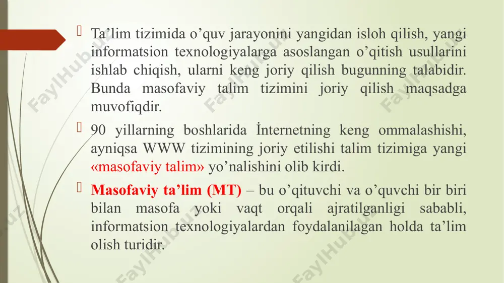 i va o’quvchilarga o’quv shaklini va formasini tanlashda katta imkoniyatlar va ozodliklar beriladi. ikkilamchi model. ushbu model masofaviy va kunduzgi ta’lim o’quvchilar bilan ishlash uchun yaratiladi. ikkala guruhda bir xil o’quv dasturi va darslar jadvali, imtixonlar va ularni baholash mezonlari mavjud. shunday o’quv muassasalarda albatta kunduzgi kurslarning soni masofaviylarga qaraganda ko’p bo’ladi. aralashgan model. ushbu model masofaviy va kunduzgi ta’lim turlirini integrasiyalashtirish uchun yaratiladi. o’quvchilar o’quv kursning bir qismini kunduzgi, boshqa qismini esa masofadan o’qiydi. shu bilan birga bu ta’lim turiga virtual seminar, prezentasiyalar va leksiyalar o’tkazish ham kiradi. konsorsium. ushbu model ikkita universitetlarni bir biri bilan birlashini talab qiladi. ushbu muassasalardan biri o’quv kurslarni tashkil qilib ishini ta’minlasa, ikinchisi esa ularni tasdiqlab, kurslarga o’quvchilarni ta’minlaydi. shu bilan birga bu jarayonda butun universitet emas balki bitta kafedra yoki markaz yoki universitet o’rnida ta’lim sohasida ishlaydigan korxonalar ham qatnashishi mumkin. franchayzing. ushbu model ikkita universitetlar bir biri bilan o’zlari yaratgan o’quv …