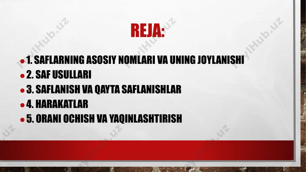 g’i beriladi. buyruq berilishi bilan xalfa yoki navbatchi old tomonga qarab «saf tik turish» holatida turadi. guruh uning chap tomonida saflanadi. oraliq – shug’ullanuvchilarning yonma-yon qatordagi orasi. masofa – shug’ullanuvchilarning ketma-ket qatordagi orasi qayta saflanish - bir safdan ikkinchi safga o ‘tish. bir qatordan ikki qatorga saflanish. bir qatordan uch qatorga saflanish. joydan-joyga ko’chish harakatlar bu guruhga turli xil joydan - joyga ko’chish bilan bog’liq bo’lgan mashqlar kiradi. turgan joyda harakatlanish joyda turib harakatlanishdan yurishga o‘tish yugurish. qanot bilan oidinga yurib harakat yo‘nalishini o‘zgartirish aylanib yurish diagonal bo‘ylab harakatlanish orani ochish va yaqinlashtirish orani ochish-saf oralig’i yoki masofasini uzoqlashtirish usullari. yaqinlashtirish-orasi ochilgan safni zichlashtirish usullari orani ochish(saf nizomi bo’yicha olingan). buyruq: « o’ngga (chapga, o’rtadan va chapga) ikki ( va hokazo) qadamga-orani oching!». agar qadamlar soni aytilmasa, oraliq bir qadamga ochiladi. juftlama qadamlar bilan orani ochish. « o’rtadan (o’ngga, chapga) ikki qadamga juftlama qadamlar bilan - orani oching!» buyruq berilgandan …