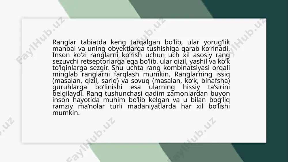 g energiya va ishtiyoqni uyg‘otadi, shuningdek, ba’zida xavf-xatarga va to‘qnashuvga nisbatan bir signaldir. sariq rang baxt, umid va ijobiy kayfiyatni ifodalaydi. yashil rang tinchlik, barqarorlik va tabiat bilan bog‘liq his-tuyg‘ularni uyg‘otadi. binafsha rang esa sirli, chuqur va ba’zida qayg‘u yoki hayajon bilan bog‘liq hislarni ta’riflaydi. ko‘k rang tinchlantiruvchi va osoyishta his-tuyg‘ularni yaratadi, bu sababli ko‘plab ofislar va salomatlik markazlari dizaynida qo‘llaniladi. madaniy talqinlar ranglarning ma’nosini o‘zgartirishi mumkin. masalan, oq rang ko‘plab madaniyatlarda poklik va yangi boshlanishni anglatadi, ammo ba’zi sharq madaniyatlarida motam yoki qayg‘u bilan bog‘liq bo‘lishi mumkin. qizil rang xitoyda baxt va omadning ramzi sifatida qaraladi, g‘arb madaniyatlarida esa ba’zan xavf yoki ogohlantirishni ifodalaydi. yashil rang, g‘arbda tabiat va tinchlik bilan bog‘liq bo‘lsa, yaqin sharq madaniyatlarida muqaddaslik va farovonlikni ifodalashi mumkin. shuningdek, ranglarning psixologik va madaniy ta’siri dizayn, marketing va san’atda keng qo‘llaniladi. ranglarning odamlarning qarorlariga, sotuvlarga yoki hissiy reaktsiyalariga ta’sir qilishini anglagan brendlar, masalan, ijobiy hissiyotlarni uyg‘otish uchun …