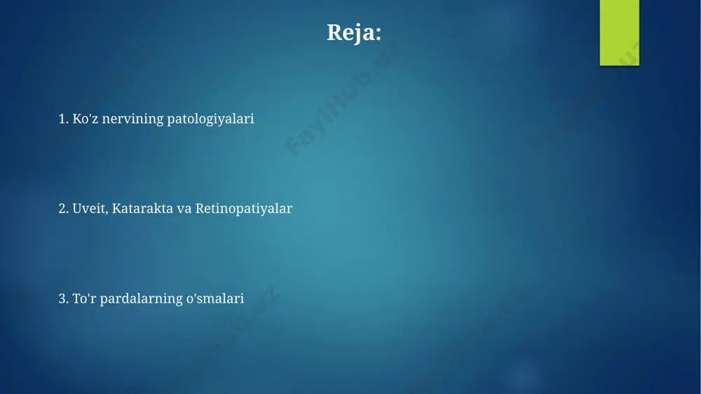 orilarni, lazer terapiyasi yoki jarrohlik amaliyotini o'z ichiga olishi mumkin, bu esa ko'rish qobiliyatini saqlashga yordam beradi. ochiq burchakli glaukoma, ko'zning drenaj tizimining asta-sekin tiqilib qolishi natijasida yuzaga keladi va 40 yoshdan oshgan odamlarda ko'proq uchraydi, progressiv ko'rish buzilishi bilan tavsiflanadi. retinopatiyalar: umumiy nuqtai erta aniqlash va davolash retinopatiya bilan bog'liq ko'rish qobiliyatining yo'qolishi xavfini sezilarli darajada kamaytirishi mumkin, masalan, diabetli retinopatiya holatlarida o'z vaqtida aralashuv ko'rishni saqlashga yordam beradi. retinopatiyaning turli xillari, masalan, diabetli retinopatiya, makular degeneratsiya va retrolental fibroplaziya, turli yosh guruhlariga ta'sir qiladi va har xil alomatlar bilan namoyon bo'ladi. melanoma ko'z melanomasining 5 yillik yashash darajasi, davolash uslubi va kasallikning bosqichiga qarab, 50% dan 90% gacha o'zgarib turadi. ko'z melanomasining tashxisini aniqlash uchun, oftalmoskopiya, biopsiya va ultratovush kabi 3 ta asosiy diagnostika usullaridan foydalaniladi. retinal o'smalar: klassifikatsiyasi va diagnostikasi retinal o'smalarni tasniflashda 4 ta asosiy toifaga bo'linadi: melanomalar, gliomalar, metastatik o'smalar va boshqa kam uchraydigan turlari. …
