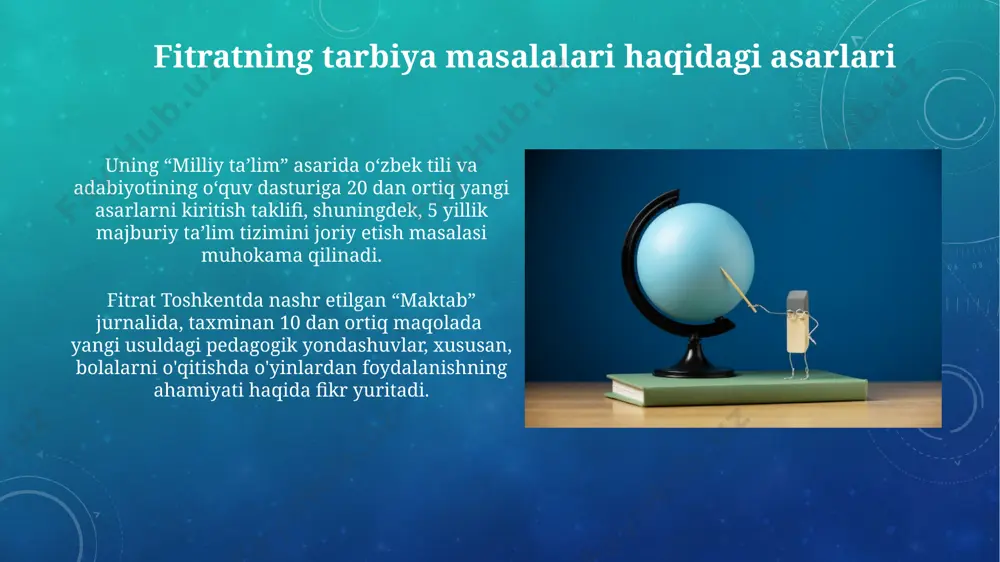 rasmlar bilan boyitilgan. fitrat va diniy ta'lim uning "maktab" asarida (taxminan 100 betlik) diniy ta'limning sekulyar ta'lim bilan uyg'unlashishi masalasiga 3 xil yondashuvni tahlil qilgan va o'ziga xos takliflarni bayon qilgan. fitratning 1920-yillardagi samarqanddagi maqolalarida diniy ta'limni isloh qilish bo'yicha 2 ta asosiy yo'nalish – zamonaviy fanlarni o'qitish va milliy tilning ahamiyatini ta'kidlash taklif etilgan. fitrat va qizlar ta'limi fitrat buxoro va xivada qizlar maktablari ochilishining ijtimoiy-siyosiy ahamiyatini, 5-7 yoshli qizlarning maktabga jalb etilishining demografik o'zgarishlarga ta'sirini tahlil qilgan. uning "ayollar ta'limi"ga bag'ishlangan asarlarida 200 dan ortiq sahifa qizlarga zamonaviy fanlarni, xususan, matematika va tabiiy fanlarni o'rgatish zarurligiga bag'ishlangan. fitratning milliy ta'lim tizimi haqidagi tasavvurlari fitrat samarqanddagi 1920-yillardagi ta'lim islohotlari haqida 20 dan ortiq maqola yozib, milliy tilni ta'limda asosiy vosita qilishni targ‘ib qilgan. uning 30 dan ziyod asarida turkiy tillarda zamonaviy fanlarni o'qitishning ahamiyati, jumladan, buxoro va xivada ta'limning rivojlanishi masalalari muhokama qilingan. fitrat merosining o'rganilishi va istiqbollari fitrat …