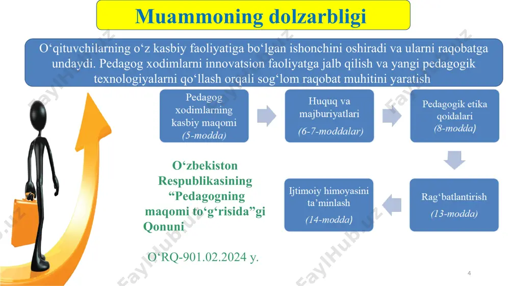 mlarning malakasini oshirish uchun yetarli darajada qo'llab-quvvatlanmaydi o‘qituvchilar va boshqa xodimlarning malakasini oshirishni qo‘llab-quvvatlash tizimini tashkil qilish. rahbariyat doimo o’qituvchilarning kasbiy kompetensiyalarni oshadi 4 ta'lim jarayonlari va maktab infratuzilmasini boshqarishdagi muammolar mehnat va ta’lim sharoitlarini yaxshilash, maktab infratuzilmasi va resurslarini yangilash. moddiy ta'minot masalalarini hal qilish va qulay ta'lim muhitini yaratish boshqaruvga ishonchni mustahkamlashga yordam beradi. rahbariyat doimo qulay shart-sharoitlar yaratiladi iy * agar bir inson sening ko‘nglingni qattiq og‘ritayotganini sezsang, balki, unga sening mehring yetishmayapti. jaloliddin rumiy e’tiboringiz uchun rahmat!