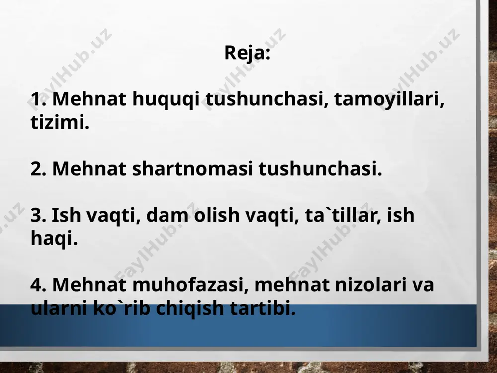 muomala layoqatiga ega bo`lgan, ya`ni muayyan yoshga yetgan, o`zining jismoniy va aqliy qobiliyatiga ko`ra yollanib ishlashi mumkin bo`lgan fuqaro sub`yekt bo`lib qatnashadi. xodimning mehnat huquqi mavqei o`zbekiston respublikasining konstitutsiyasi, mehnat kodeksi (14,16,20,21,23-moddalar) va boshqa qonunlar bilan belgilanadi. mehnat munosabatlari sub`yekti sifatida ikkinchi tomondan ish beruvchilar, ya`ni fuqarolarni ishga yollashga, ular mehnatini qonun talablari asosida tashkil etishga, mehnatga haq to`lashga layoqatli bo`lgan tijorat, tijoratga aloqasiz tashkilotlar, muayyan hollarda ayrim fuqarolar qatnashdilar. ish beruvchining yuridik mavqei o`zbekison respublikasining konstitutsiyasi, fuqarolik kodeksi, mehnat kodeksi, o`zbekiston respublikasining "tadbirkorlik va tadbirkorlik faoliyati erkinliklarining kafolatlari to`g`risida"gi qonuni va qonunchilik hujjatlariga ko`ra belgilanadi. shu o`rinda ta`kidlash lozimki, yuridik shaxs tuzmagan holda tadbirkorlik bilan shug`ullanuvchi yakka tadbirkorlar faoliyati o`zlarining shaxsiy mehnatlari bilan tadbirkorlik faoliyati olib borishlari mumkin, ya`ni ular yollanma mehnatdan foydalanishlari mumkin emas va shu sababli mehnat huquqining sub`yekti bo`lolmaydilar. xodim ish jarayonida mehnat huquqining manbalari. mehnat huquqining manbalari,bu-sohadagi huquqiy munosabatlarga tadbiq etiladigan qonunlar va boshqa qonun …