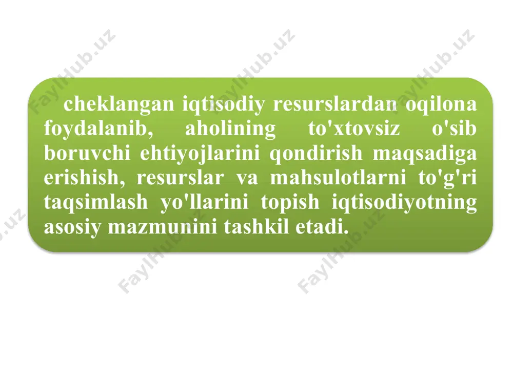 lishdagi xizmatlardan bahramand bo'lish kabi ehtiyojlardan iborat bo'ladi. shaxsiy ehtiyojlar – kishilarning pirovard iste'moli uchun mo'ljallangan mahsulot va xizmatlarga bo'lgan zarurat. masalan, oziq-ovqat, kiyim-kechak, uy-ro'zg'or buyumlari, shaxsga ko'rsatiladigan turli xizmatlar shaxsiy ehtiyojlarni namoyon etadi. ishlab chiqarish ehtiyojlari – mahsulot ishlab chiqarish yoki xizmat ko'rsatishni amalga oshirish maqsadida ishlatiluvchi turli iqtisodiy resurslarga bo'lgan zarurat. ishlab chiqarish ehtiyojlariga xomashyo (neft, paxta va h.k.), materiallar (po'lat, yog'och, tola va h.k.), asbob-uskunalar, ish mashinalari (yuk mashinasi, ekskavator, buldozer va h.k.), ishchi kuchi va boshqalarni kiritish mumkin. insonning shaxsiy manfaati, qiziqishlari va turmush tarziga moslab qondirilishi mumkin bo'lgan ehtiyojlar yakka tarzda qondiriluvchi ehtiyojlar deyiladi. ularga ovqatlanish, kiyinish kabilarni misol qilish mumkin. hatto ovqatlanish jarayoni birgalikda (oilaviy yoki bir necha kishilar bilan) amalga oshirilgan taqdirda ham, har bir kishining ovqatga bo'lgan ehtiyoji alohida, yakka tarzda qondiriladi. odatda kishilarning turli darajalardagi guruhi (oila, jamoa, mamlakat fuqarolari va h.k.) tomonidan birgalikda namoyon etiluvchi ehtiyojlar birgalikda qondiriluvchi ehtiyojlar deyiladi. …