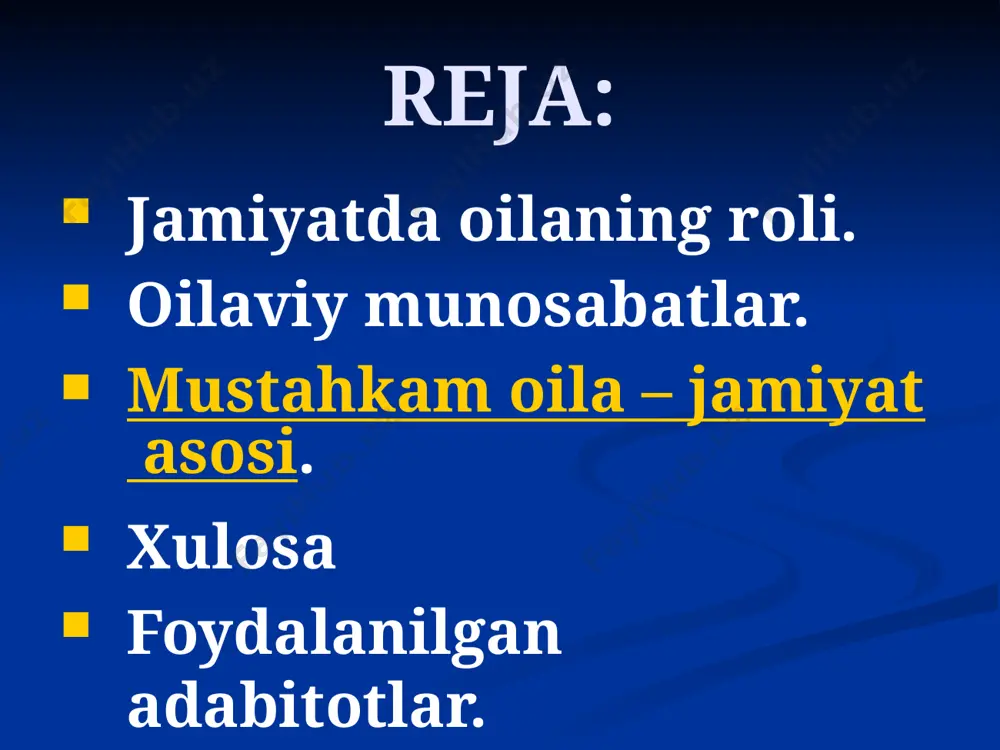 un ” ordeni ta’sir atildi. onalikva bolalikni muhofaza qilishda, soğlom avlod kamol topishi uchun moddiy shart-sharoitlar va ma’naviy muhitni ta’minlashdaalohida hizmat kõrsatgan shaxslar “soğlm avlod uchun” ordeni bilan taqdirlanadilar. oilaviy munosabatlar ayollar va erkaklar huquqlarining tengligi; nikoh erkinligi; nikohlar shaxslarning teng huquqlagi ota-onalarning kelib chiqishi va fuqorilar mavqeidan qat’i nazar qonun oldida farzandlar huquqlarining tengligi; yetim bolalar va ota-ona vasiyrigidan mahrum bõlgan bolalar parvarishi, tarbiyalanishi va ta’lim olishining kafolatganligi; onalar va bolalar muhofazasi oila iqlimi oila jamiyatning asosiy bo’g'ini yoki oddiy qilib aytganda, davlat ichidagi kichkina davlat sifatida o’ziga xos ijtimoiy vazifani bajaradi. oilalarimiz qanchalik mustahkam bo’lsa, jamiyatimiz shuncha mustahkam bo’ladi, xalq iborasi bilan aytganda, sinchi mustahkam imorat qulamaydi. respublikamizda oilaga e’tibor davlat siyosati darajasiga ko’tarilgan. yoshlarimizning sog’lom va mustahkam oila qurishlari uchun barcha shart-sharoitlar yaratilgan. oila jamiyatning asosini tashkil etar ekan, xo’sh, oilaning asosini nima tashkil etadi? albatta, oilaning asosini qonuniy nikoh tashkil etadi. chunki faqat qonuniy nikohgina oilada …