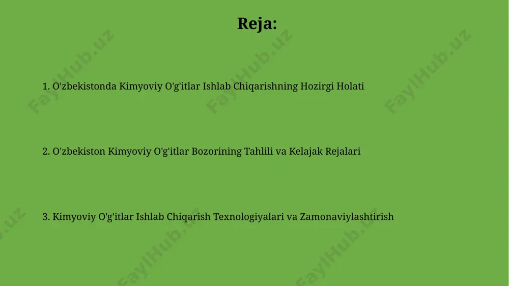 mosferalik bosim va 500°c haroratdan foydalaniladi. ichki bozor va eksport imkoniyatlari qishloq xo'jaligi mahsulotlarini eksport qilish hajmini oshirish maqsadida, samarqand va jizzax viloyatlarida o'g'itlarni qayta ishlash zavodlarini modernizatsiya qilish, eksportga yo'naltirilgan mahsulotlar ishlab chiqarishni 30% ga oshirish rejalashtirilgan. navoiy viloyatidagi mineral o'g'itlar ishlab chiqarish hajmi 2022 yilda 1,5 million tonnadan oshdi, bu esa ichki bozor ehtiyojini qondirish va markaziy osiyo mamlakatlariga eksport qilish imkoniyatlarini kengaytirdi. ishlab chiqarish hajmlari va dinamikasi 2022 йилда ўзбекистон фермер хўжаликларига 1,5 миллион тоннадан ортиқ минерал ўғитлар етказиб берилди, бу эса 2021 йилга нисбатан 15% га ўсишни таъминлади. фосфорли ўғитлар ишлаб чиқариш ҳажми сўнгги беш йилда ўртача йилига 8% га ўсди, бу эса, асосан, қарши фосфор заводининг модернизацияси билан боғлиқ. muammolar va ularni hal etish yo'llari navoiy viloyatidagi fosforli o'g'itlar ishlab chiqarishda xomashyo yetkazib berishdagi uzilishlar 20% ga yaqin hosildorlikka ta'sir ko'rsatmoqda, bu muammoni hal qilish uchun mahalliy konlardan foydalanish va logistika samaradorligini oshirish lozim. qarshi …