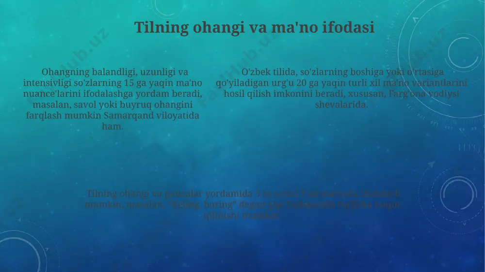 5% ga oshgan. imlo va talaffuzni o'rganishda, masalan, 5 yoshdan 10 yoshgacha bo'lgan bolalarga o'yinlardan foydalanib, fonetik mashqlarni samarqanddagi maktablarda qo'llash samarali natijalar beradi. tilning pauzasi va uning ahamiyati to'g'ri qo'llanilgan pauzalar, jumlada 7 ta so'zdan iborat bo'lsa ham, tinglovchining e'tiborini muhim qismlarga jalb qilishga yordam beradi va andijon viloyatidan kelgan ma'ruzada tushunishni osonlashtiradi. pauzalar, intonatsiya bilan birga, nutqning emotsional rangini, masalan, 5 ta turli xil his-tuyg'ularni ifoda etish imkonini beradi, shuningdek, xabarni yanada aniqroq etkazishga yordam beradi toshkentdagi bir suhbatda. tilning pauzasi nutqning 2-3 sekund davom etadigan qismlarini ajratib, ma'lumotni yaxshiroq qabul qilishga yordam beradi, masalan, 10 ta gapdan iborat hikoyada samarkand shahri haqida. nutqning ifodali vositalari tahlil qilingan 20 ta nutq namunalarida, so‘zlarning urg‘u va intonatsiya bilan ifodalanishi, 50% hollarda, nutqning aniq va tushunarli bo‘lishiga ijobiy ta’sir ko‘rsatgan. qo‘shimchalar ham muhim rol o‘ynaydi. nutqning ifodali vositalaridan biri bo‘lgan intonatsiya, 3 ta asosiy ohang – yuqori, o‘rta va past …