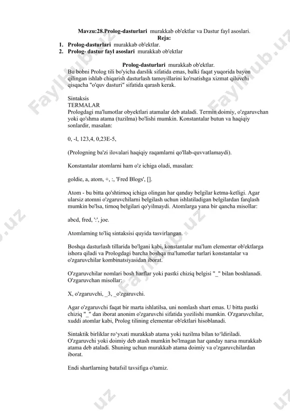 i chaqirishiga sabab bo'ladigan hech narsa yo'q. mavzu:28.prolog-dasturlari murakkab ob'ektlar va dastur fayl asoslari. reja: 1. prolog-dasturlari murakkab ob'ektlar. 2. prolog- dastur fayl asoslari murakkab ob'ektlar prolog-dasturlari murakkab ob'ektlar. bu bobni prolog tili bo'yicha darslik sifatida emas, balki faqat yuqorida bayon qilingan ishlab chiqarish dasturlash tamoyillarini ko'rsatishga xizmat qiluvchi qisqacha "o'quv dasturi" sifatida qarash kerak. sintaksis termalar prologdagi ma'lumotlar obyektlari atamalar deb ataladi. termin doimiy, o'zgaruvchan yoki qo'shma atama (tuzilma) bo'lishi mumkin. konstantalar butun va haqiqiy sonlardir, masalan: 0, -l, 123,4, 0,23e-5, (prologning ba'zi ilovalari haqiqiy raqamlarni qo'llab-quvvatlamaydi). konstantalar atomlarni ham o'z ichiga oladi, masalan: goldie, a, atom, +, :, 'fred blogs', []. atom - bu bitta qo'shtirnoq ichiga olingan har qanday belgilar ketma-ketligi. agar ularsiz atomni o'zgaruvchilarni belgilash uchun ishlatiladigan belgilardan farqlash mumkin bo'lsa, tirnoq belgilari qo'yilmaydi. atomlarga yana bir qancha misollar: abcd, fred, ':', joe. atomlarning to'liq sintaksisi quyida tasvirlangan. boshqa dasturlash tillarida bo'lgani kabi, konstantalar ma'lum elementar …
