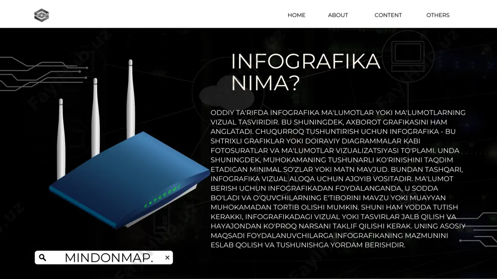 smlar. - diagramma va grafikalar yaratish uchun ko‘plab tayyor shablonlar. - foydalanuvchilar jamoaviy ishlashi uchun imkoniyatlar. - natijalarni png, jpeg, pdf kabi formatlarda saqlash. create.ly yordamida foydalanuvchilar murakkab ma'lumotlarni soddalashtirib, tushunarli va jozibali tarzda taqdim etishlari mumkin. content othershome about yordamchi. com content othershome about ai overview canva canva – bu smm, plakatlar, taqdimotlar, hujjatlar va boshqa vizual kontentlar yaratish uchun moʻljallangan, grafik dizayn platformasidir. u tayyor dizayn shablonlarini taklif qiladi va bepul ishlatilishi mumkin, shuningdek, canva pro va canva for enterprise kabi qoʻshimcha funksiyalarni taqdim etuvchi pullik obunalar mavjud. canva platformasiga o'z ishlarini yuklab, millionlab foydalanuvchilar bilan baham ko'rishlari va undan daromad olishlari mumkin bo'lgan jamoatchilik dasturi mavjud. bularga template creators (asosan grafik dizaynerlar), element creators (rassomlar, fotosuratchilar, illustratorlar) va education specialty creators (o'qituvchilar) kiradi. content othershome about ai overview asosiy xususiyatlari: tayyor shablonlar: canva turli maqsadlar uchun mo'ljallangan minglab tayyor shablonlarni taklif etadi, bu esa dizayn jarayonini tezlashtiradi. …