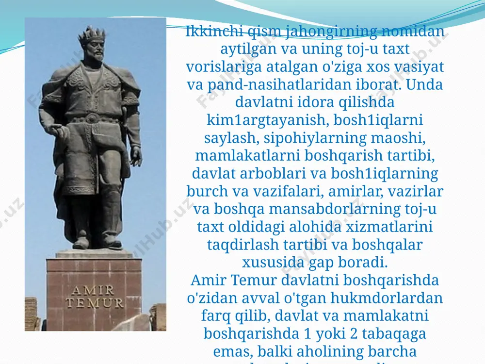 ikka inti1uvchi inson qolgan. yuzaki qaraganda, murshid shogirdiga jabr qilgandek tuyuladi. lekin bu «jabr» muridni tarbiyalash va chiniqtirish uchun juda zarur ekan. shu sabab «ota mehridan -ustoz jabri afzal» , degan purma'no maqol yarati1gan. bunga monand amir temur: «piri komil shayx bahouddin n aqshbandiyning: «kam yegin, kam ux1a, kam gapir» , degan pand- u nasihatlariga amal qildim. arkoni davlatga, barcha mu1ozim1arga ham aytar so'zim shu bo'ldi: «kam yenglar -ocharchi1ik ko'rmaysiz1ar, boy-badavlat yashaysiz1ar , kam uxlanglar -mukammallikka erishasiz1ar, kam gapiringlar dono bo'lasizlar. amir temur xiv asrda buyuk temuriylar davlatiga asos soldi. 1,5 mln. kv. km. hududda- o'rta osiyo, qozog'iston, shimoliy kaspiy, shimolda ural, g'arbda sibir, kustanay soyliklari, sharqda markaziy qozog'iston va tyanshan janubiy etaklari, pomir tog'liklari, kopetdog' oldi hududlarida o'z imperiyasini tuzdi. 27 ta podshohlikni amir temur xitoy chegaralaridan boshlab to sharqiy rum va misr yerlarigacha bo'lgan hududlarni islom bayrog'i ostida yagona davlatga birlashtirdi. sohibqiron tomonidan barpo eti1gan markazlashgan mustahkam davlat …