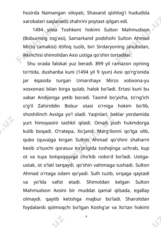 ng elchilari xizmatida kurgan edi. navoiy bilan binoiy munosabatlari haqida xilma-xil latifalar to'qilgan. binoiy keyinroq bobur huzurida martaba ham toddi. biroq, muhammad solihni boshqa ko'rmadi. 15 yoshida buyuk poytaxtni egallagan boburning xursandchiligi uzoq davom etmadi. azim shahar bosqin va talonlardan nochor holga tushgan, elning sabru bardoshi tugagan edi. bobur askarlarining g'izo-ozig'i tamom bo'ldi. tanqislik uylarini sog'inish boshlandi. bitta-ikkita bo'lib qochishga tushdilar. bobur bilan birga borgan sulton ahmad tanbal ham qochdi. axsida qoldirilgan uzun hasan hiyonat qildi. ikki bek bir bo'lib, boburning ukasi jahongir mirzoni andijonga hokim qilmoqchi bo'ldilar. andijon qamal qilindi. bu xabar shu kunlarda betob bo'lib qolgan yosh hukmdorni qayg'uga soldi. «to'rt kungacha tilim tutildi, og'zimg'a paxta bila suv tomizurlar erdi», deb yozadi bobur. yuzinchi kun samarqandni tashlab chiqishga majbur bo'ladilar. rajab oyining bir shanbasi (1498 yil fev​ral, mart oylari) andijonga qarab yo'l oladilar. keyingi shanbada xo'jandga yetib keladilar. andijondan kelgan chopar esa, bir hafta burun, bobur samarqanddan chiqqan …