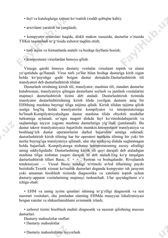 tibga solish, uni saqlash, to'xtatish va tiklash imkoniyati); • fayl va kataloglarga xizmat ko‘rsatish (xuddi qobiqlar kabi); • arxivlami yaratish va yangilash; • kompyuter resurslari haqida, diskli makon xususida, dasturlar o‘rtasida txkni taqsimlash to‘g‘risida axborot taqdim etish; • turli rejim va formatlarda matnli va boshqa fayllami bosish; • kompyutemi viruslardan himoya qilish. virusga qarshi himoya dasturiy vositalar viruslami topish va ulami yo‘qotishda qo'llanadi. virus turli yo'llar bilan boshqa dasturiga kirib oigan holda ko‘payishga qodir boigan dastur demakdir.dasturlashtirish tili translyatori deb dasturlashtirish tilidan dasturlash tirishning kirish tili, translyator, mashina tili, standart dasturlar kutubxonasi, translyatsiya qilingan dasturlami sozlash va jamlash vositalarini majmuyi dasturlashtirish tizimi deb ataladi. dasturlashtirish tizimida translyator dasturlashtirishning kirish tilida yozilgan dastumi aniq bir ehmning mashina buyrugi tiliga taijima qiladi. kirish tilidan taijima qilish usulga bog'liq holda translyatorlar kompilyator va interpretatoiiaiga bo'linadi.kompilyatsiyalashgan dastur mashina tilida obyektli modullar turkumiga aylanadi, so‘ngra magnit diskda fayl ko‘rinishidabajarish va saqlanishga tayyor yagona mashina dasturlariga …