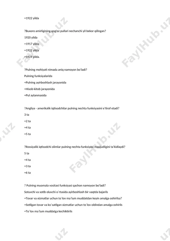 qachon muomalaga kiritilgan? xi va xii asrlarda =x va ix asrlarda =xii asming oxirida =xi asming boshida ?plastik kartochkalar qachon pulning vazifasini bajara boshlagan? xx asrning ikkinchi yarmidan. =xviii asming oxiridan. =2000 yildan. =2002 yildan. ? natural shakldagi pullami guruhlanishi qaysi javobda to'g'ri keltirilgan? hayvonlar, buyumlar va o'simliklar shaklida =hayvonlar, toshlar va mevalar shaklida =oziq-ovqat, toshlar va o'simliklar shaklida =hayvonlar, mevalar va o‘simliklar shaklida ? haqiqiy pullaming xossalari qanday javobda noto‘g‘ri keltirilgan? ulaming muomalada amal qilishini nazorat qilish zarurligi. =nominal qiymatning real qiymat bilan mutanosibligi. =qiymatning qardsizlanmasligi. =ulami boshqa tovarlar kabi iste’mol qilish mumkinligi. ?xitoyning ayrim provinsiyalari va rossiyada qanday natural pullar juda keng tarqalgan? buqa =tuz. =tamaki. =jun. ?natural pullardan foydalanishga ta’sir qilgan omilqanday javobda noto‘g‘ri keltirilgan? ayirboshlash munosabatlarining rivojlanishi. =odamlaming kunlik ehtiyoji uchun juda zarurbo`lgan buyumlar. =mamlakatning tabiiy iqlimi va geografik joylashuvi. =uzoqroq muddat davomida saqlash imkoniyatining mavjudligi. ? pulning natural ko‘rinishidan metall tanga shakliga o ‘tishiga ta’sir …