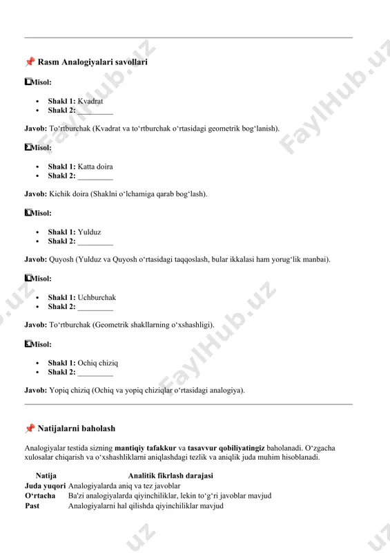 a yopiq chiziqlar o‘rtasidagi analogiya). 📌 natijalarni baholash analogiyalar testida sizning mantiqiy tafakkur va tasavvur qobiliyatingiz baholanadi. o‘zgacha xulosalar chiqarish va o‘xshashliklarni aniqlashdagi tezlik va aniqlik juda muhim hisoblanadi. natija analitik fikrlash darajasi juda yuqori analogiyalarda aniq va tez javoblar o‘rtacha ba'zi analogiyalarda qiyinchiliklar, lekin to‘g‘ri javoblar mavjud past analogiyalarni hal qilishda qiyinchiliklar mavjud qiziqsangiz, men sizga qo‘shimcha savollar yoki amaliy mashqlar tayyorlab bera olaman. 😊