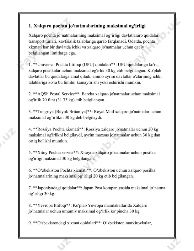 ni ta'kidlash lozim. ushbu usullar ma'lumot almashish jarayonlari samaradorligini baholashda yordam beradi. jo'natmalar odatda yo'llayotgan paketlar, xatlar yoki boshqa yetkazib beriladigan predmetlar bo'lishi mumkin. 1. **hajm bo'yicha o'lchash (volume measurement):** jo'natmalar hajmi ularning fizik o'lchamlari yordamida baholanadi. bu ko'pincha millimetr yoki santimetr (mm yoki sm) kabi birliklarda ifodalanadi. formula: hajm = uzunlik x bo'ylik x balandlik. masalan, agar karton quti 30 sm uzunlik, 20 sm bo'ylik va 15 sm balandlikka ega bo'lsa, uning hajmi 30 x 20 x 15 = 9000 kub santimetr bo'ladi. 2. **og'irlik bo'yicha o'lchash (weight measurement):** jo'natmalar og'irligi kilogramm yoki gramm (kg yoki g) kabi birliklarda o'lchanadi. bu usul jo'natmaning tashish narxi va logistik jarayonlarda sezilarli ahamiyat kasb etadi. masalan, pochtada paketning og'irligi 2 kg bo'lsa va undan ortiqcha har bir kilogramm uchun 5000 so'm to'lanishi kerak bo'lsa, umumiy to'lov miqdori aniqlanadi. 3. **vaxt bo'yicha o'lchash (time measurement):** jo'natmalarni yetkazish muddatlari vaqtda o'lchanadi. bu usul mahsulotlarni …
