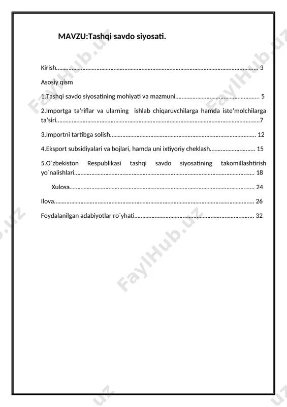 ilgan vakolatli davlat tashkilotlari tomonidan amalga oshiriladigan qonunchilik tizimini yaratishni o`z ichiga oladi. hozirgi jahon rivojining xususiyatli belgisi tashqi iqtisodiy aloqalarning, avvalo, tashqi savdoning tez o`sishi hisoblanadi. tashqi savdo xalqaro hamkorlikning ishlab chiqarish, ilmiy texnika va boshqa shakllari bilan bir qatordagi xalqaro iqtisodiy munosabatlarning muhim shakli hisoblanadi. barcha mamlakatlar tashqi savdosi majmui xalqaro savdoni tashkil etadi. o`zbekiston respublikasi prezidenti sh.mirziyoyev 29 yanvar kuni valyuta siyosati va tashqi savdo faoliyati sohasini takomillashtirish bo`yicha amalga oshiriladigan chora tadbirlar natijadorligi tahliliga bag`ishlangan yig`ilish o`tqazdi. yig`ilishda qayd etilganidek, iqtisodiyot rivojlanishi va tadbirkorlar faoliayati uchun katta to`siq bo`lib kelgan valyutani erkin sotib olish va sotish borasidagi cheklov va muammolar bartaraf etildi.etiborlisi shundaki oldingi yillarda eksport tushumlari bo`yicha majburiy sotuv talabi bor paytda eksportdan tushgan valyuta tushumlarining ichki bozorga ishlatilishi 30 foizni tashkil etilgan bo`lsa, bunday cheklov va talablar olib tashlangandan keyin ushbu ko`rsatgich 61 foizga yetdi.buning natijasida tashkilotlar o`zlari uchun zarur homashyo va asbob uskunalar …