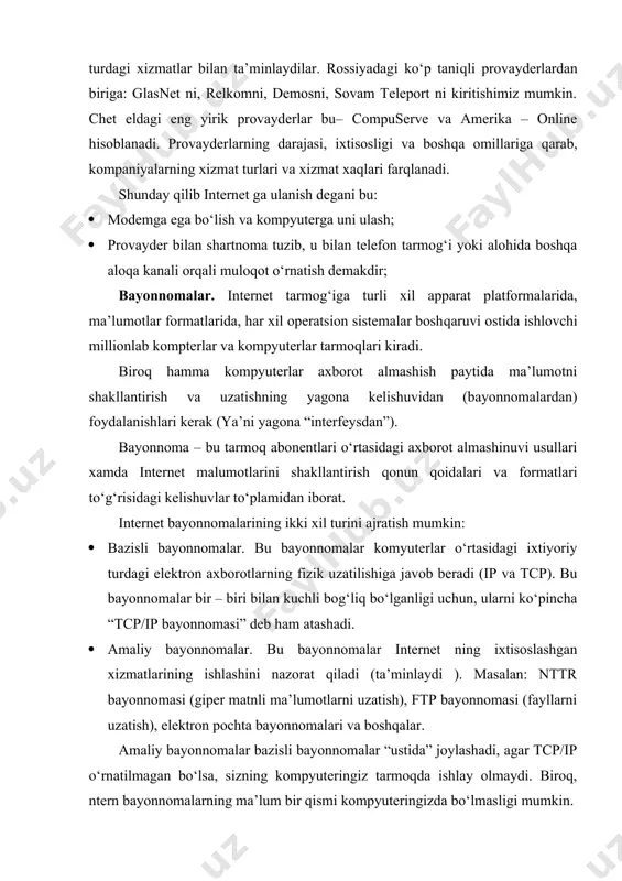 tnli ma’lumotlarni uzatish), ftp bayonnomasi (fayllarni uzatish), elektron pochta bayonnomalari va boshqalar. amaliy bayonnomalar bazisli bayonnomalar “ustida” joylashadi, agar tcp/ip o‘rnatilmagan bo‘lsa, sizning kompyuteringiz tarmoqda ishlay olmaydi. biroq, ntern bayonnomalarning ma’lum bir qismi kompyuteringizda bo‘lmasligi mumkin. internet manzillari. internet ga ulangan har bir kоmp yuter o‘zining fizik adresiga ( ip adresiga ) ega bo‘lib, bu adres har birining diapоzоni nоl dan 255 (to‘rt bayt) gacha bo‘lgan, nuqta bilan ajratilgan to‘rtta o‘nli sоndan ibоrat bo‘lishi kerak. bu adreslardan fоydalanish ancha nоqulay bo‘lganligi uchun, internet da har bir fizik adresga ma’nоga ega bo‘lgan, nuqta bilan ajratilgan simvоlik (dоmenli) adres qo‘yish qabul qilingan, masalan: www.glassnet.ru ftp.elvis.ru simvоlik adres 2 – 4 so‘zdan ibоrat bo‘lib, uning har bir so‘zi dоmen deb ataladi. adreslarning o‘ng tоmоnidan dоmen mamlakat yoki tashkilоt turini anglatadi. masalan: uk – buyuk britaniya, ru (su) – rоssiya, de – germaniya, com – bu tijоrat tashkilоtlari, edu – o‘quv tashkilоtlari, gov – …