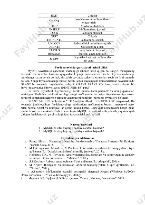 sh kiritish \с kiritishni inkor qilish backup jadvalning резерв nusxasini olish create mb hosil qilish delete jadvaldan satrni o’chirish describe jadval ustunini tavsiflash drop mb yoki jadvalni o’chirish exit chiqish grant foydalanuvchi ma’lumotlarini o’zgartirish help yordamni ifodalash insert ma’lumotlarni joylash lock jadvalni bloklash quit chiqish truncate jadvalni bo’shatish unlock jadvalni bloklashni inkor qilish update обновление qilish status joriy holatni ifodalash rename jadvalni qayta nomlash show obyektlar haqidagi ma’lumotlar ro’yxati foydalanuvchilarga ruxsatni tashkil qilish mysql foydalanish qanchalik soddaligiga ishonch xosil qilgan bo‘lsangiz, o‘zingizning dastlabki ma’lumotlar bazasini qurgandan keyingi masalalardan biri bu foydalanuvchilarga murojaatga ruxsat berish bo‘ladi, aks xolda saytingiz xakerlik xarakatlari sodir bo‘lishi mumkin bo‘ladi. yangi foydalanuvchiga ruxsat berish uchun quyidagicha komandalardan foydalaniladi: grant bu komanda quyidagicha ishlaydi: grant prava on baza_dannыx.ob’ekt to 'imya_polzovatelya@imya_xosta' identified by 'parol'; bu forma qiyinchilik tug‘dirmasligi kerak, quyida ba’zi parametr va uning qiymatlari keltirilgan: endi biz publications dagi yangi ma’lumotlar bazasiga foydalanuvchiga ruxsat beruvchi komandani keltirib …